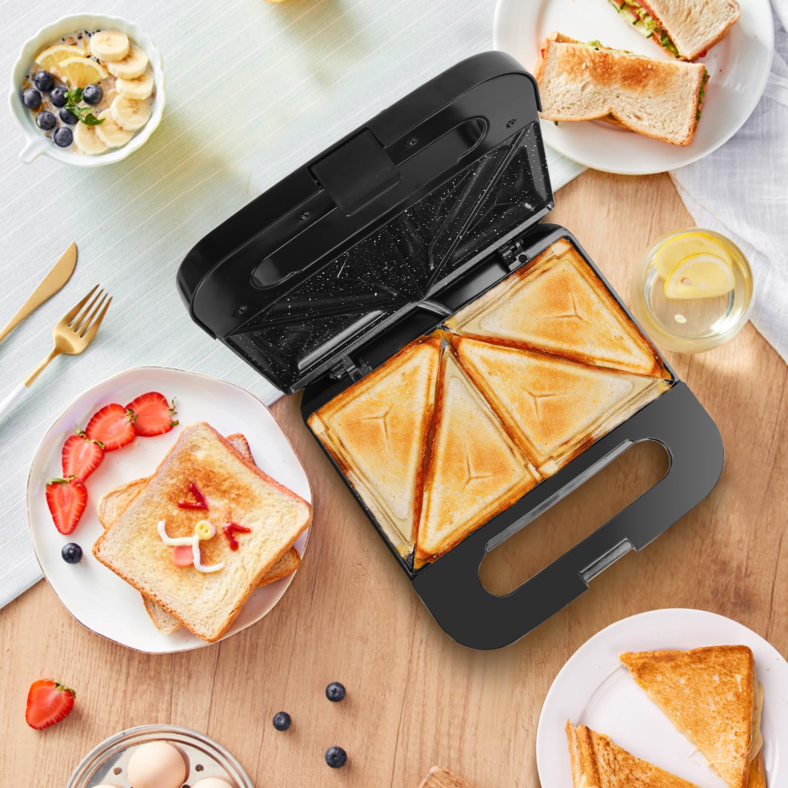 Aigostar - Sandwichera 2 Sandwiches, Revestimiento Cerámico Antiadherente, Control Automático de Temperatura 180-200℃, Luces Indicadoras, Asa de Toque Frío, Almacenamiento Vertical, 750W, Lamo Pro
