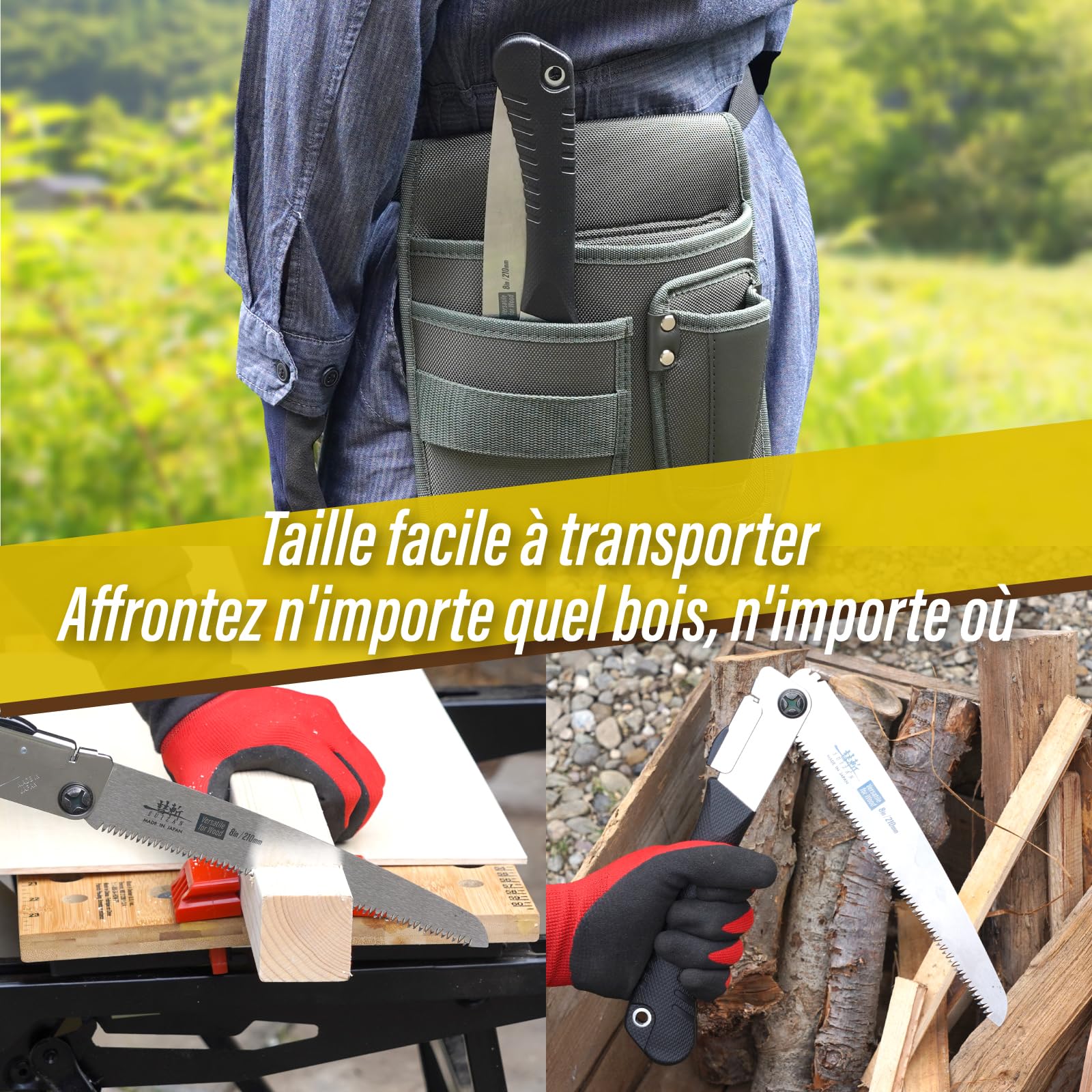 SUIZAN Scie pliante japonaise 210mm polyvalente bois - Compacte Extérieur | Professionnel Pliable Portable Traction Camping Bushcraft Survie Élagage Branches Bûches Jardin Menuiserie Bricolage
