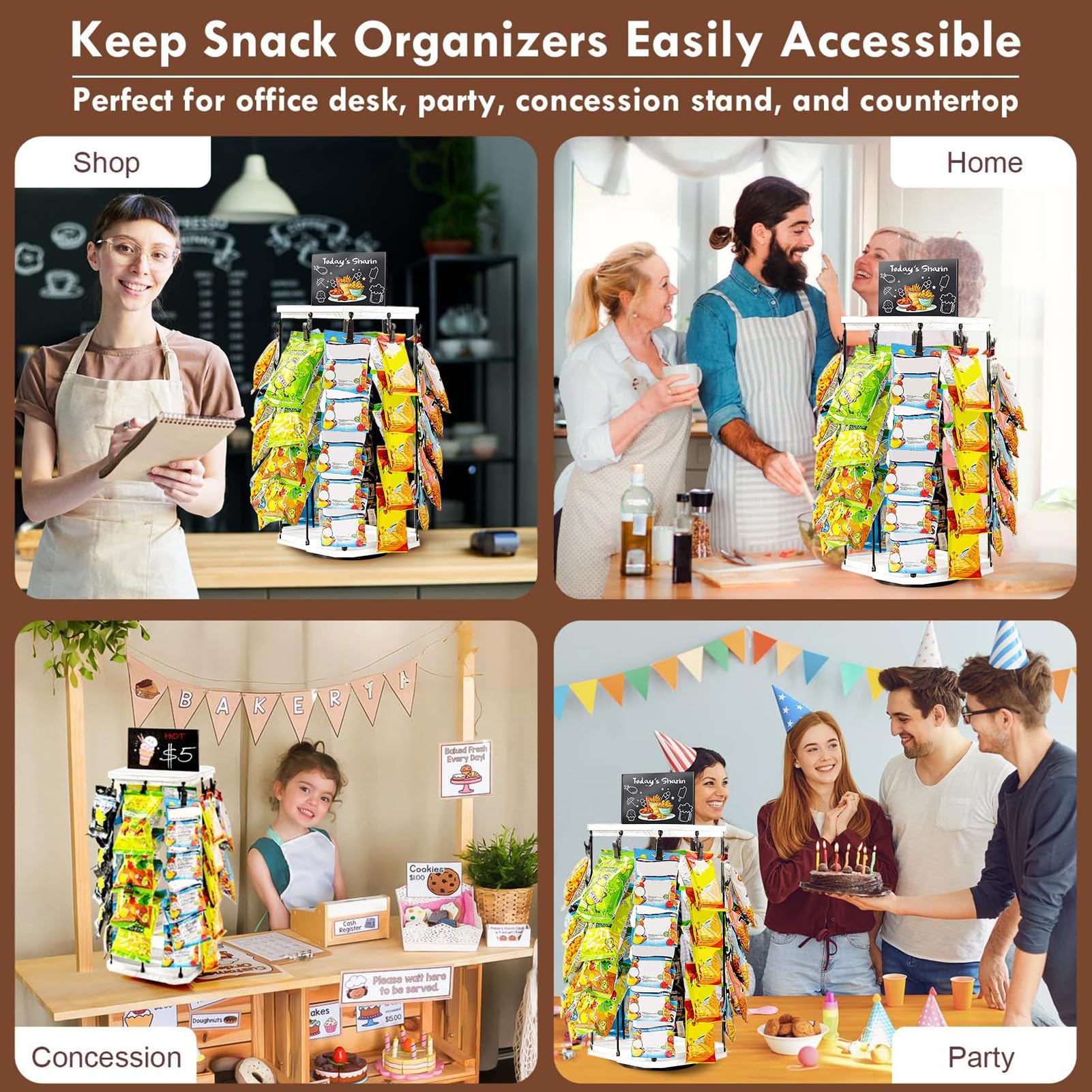 Espositore Snack da Bancone Porta Borse per Patatine Girevole | Base in Legno con Bacheca per Messaggi, Organizzazione Alimenti e Dispensa per Conservazione Cibi