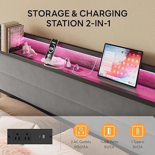 Miniatura 4 de LIKIMIO Base de cama Queen con cabecera de almacenamiento y luces LED, plataforma de metal con estación de carga, sin ruido, no necesita somier,