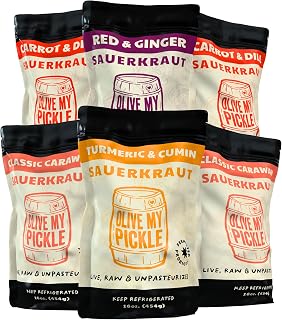 Olive My Pickle Fermented Sauerkraut - 96 Ounces | 6-Pack Bundle of Probiotic Carrot & Dill, Red Ginger, Caraway and Turmeric Sauerkraut with Natural Probiotics for Gut Health - Great for Sandwiches, Salads, Asian Dishes, and Meat