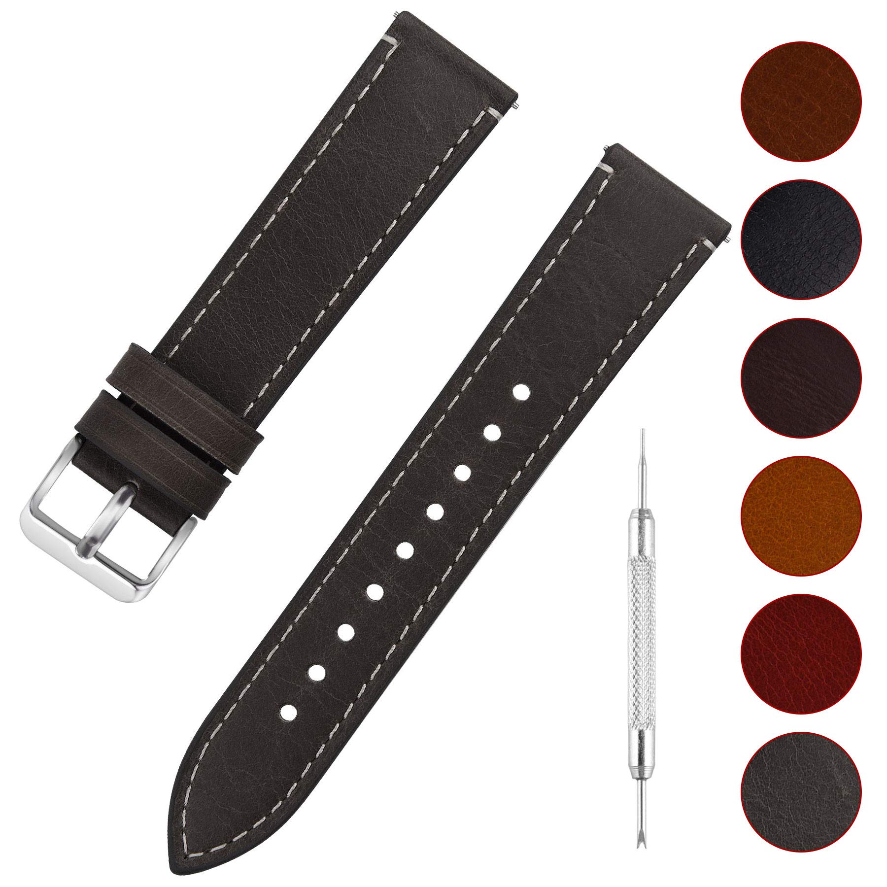 Fullmosa Quick Release Leather Watch Strap, 6 Colors Wax Oil 22mm Leather Watch Strap, Grey+silver buckle-QR