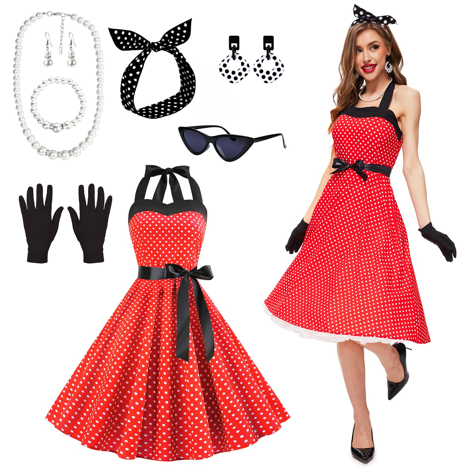 JONRRYIN Disfraz años 50 Mujer, Accesorios años 50, Disfraz Grease Mujer con Pendientes, Collares, Gafas de Ojo de Gato, Disfraz Rockabilly años Mujer Carnaval
