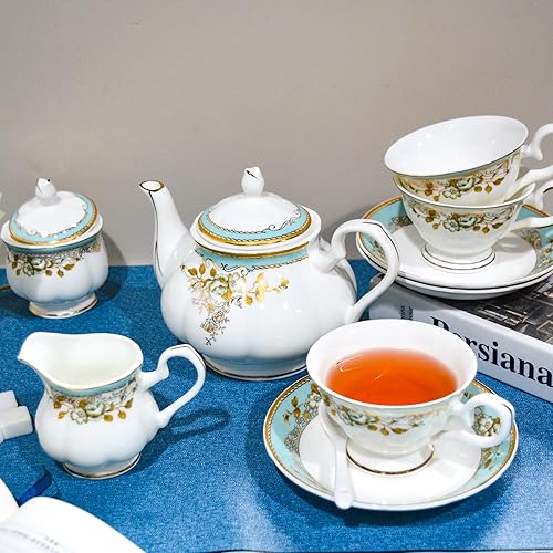 Miniatura 6 de Juego de té de porcelana de hueso, juego de té de porcelana de 21 piezas para adultos, tazas de té y platillos para 6, con tetera, cucharas,