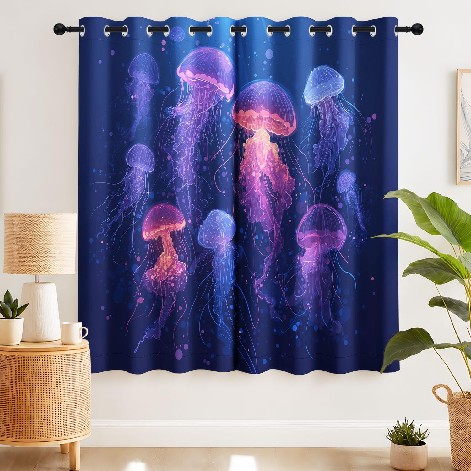 Générique Rideaux Occultants Isolants 117L X 137H cm, Méduse bioluminescente, poussière étoile Bleue Rideaux Thermiques pour Chambre et Salon, Nautique Mystique Phoniques, Rideaux à Œillets