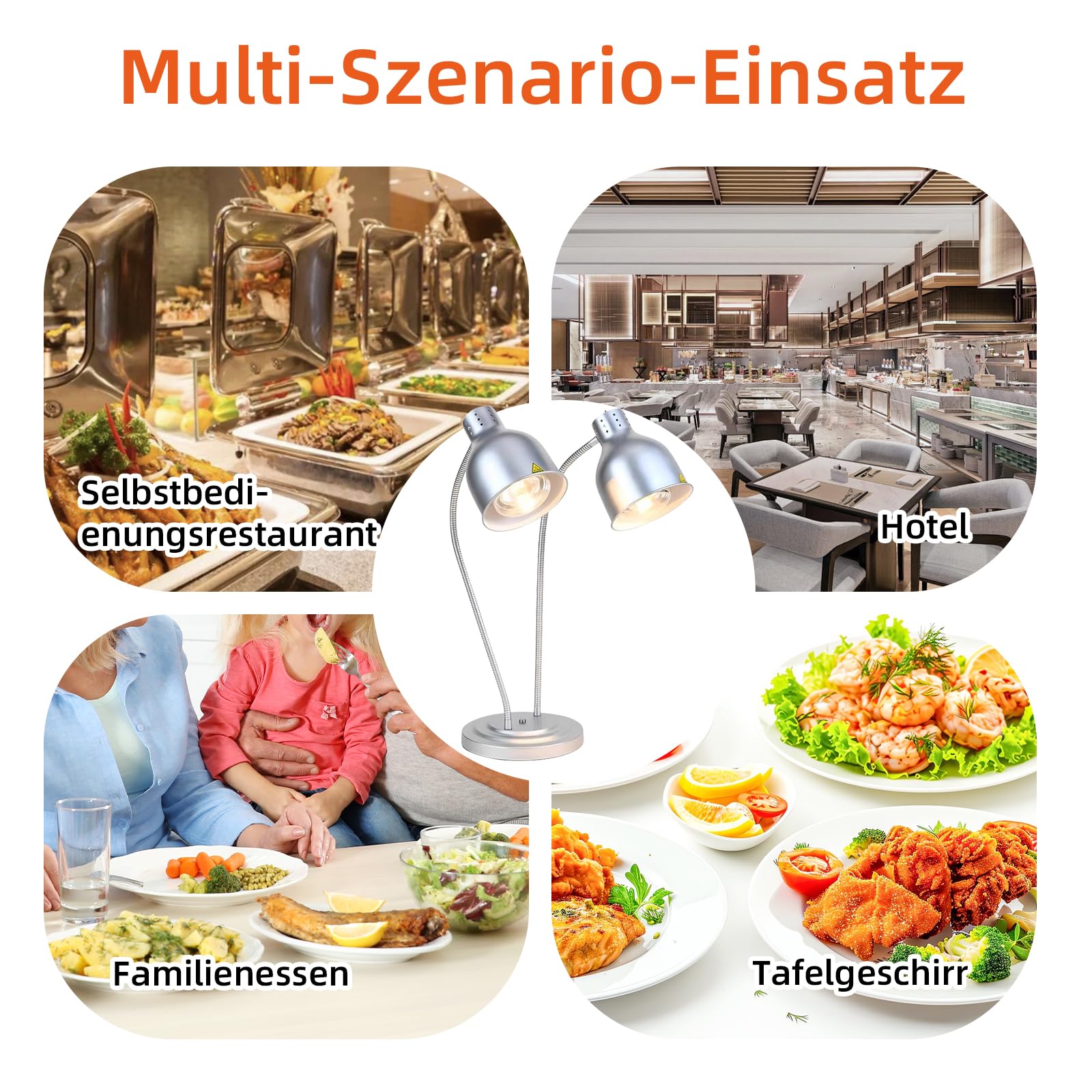Lampe chauffante de cuisine - 250 W - Lampe infrarouge - Double tête - Autonome - Pour buffets, salle à manger, hôtels, commerciaux, maintien au chaud - Argenté