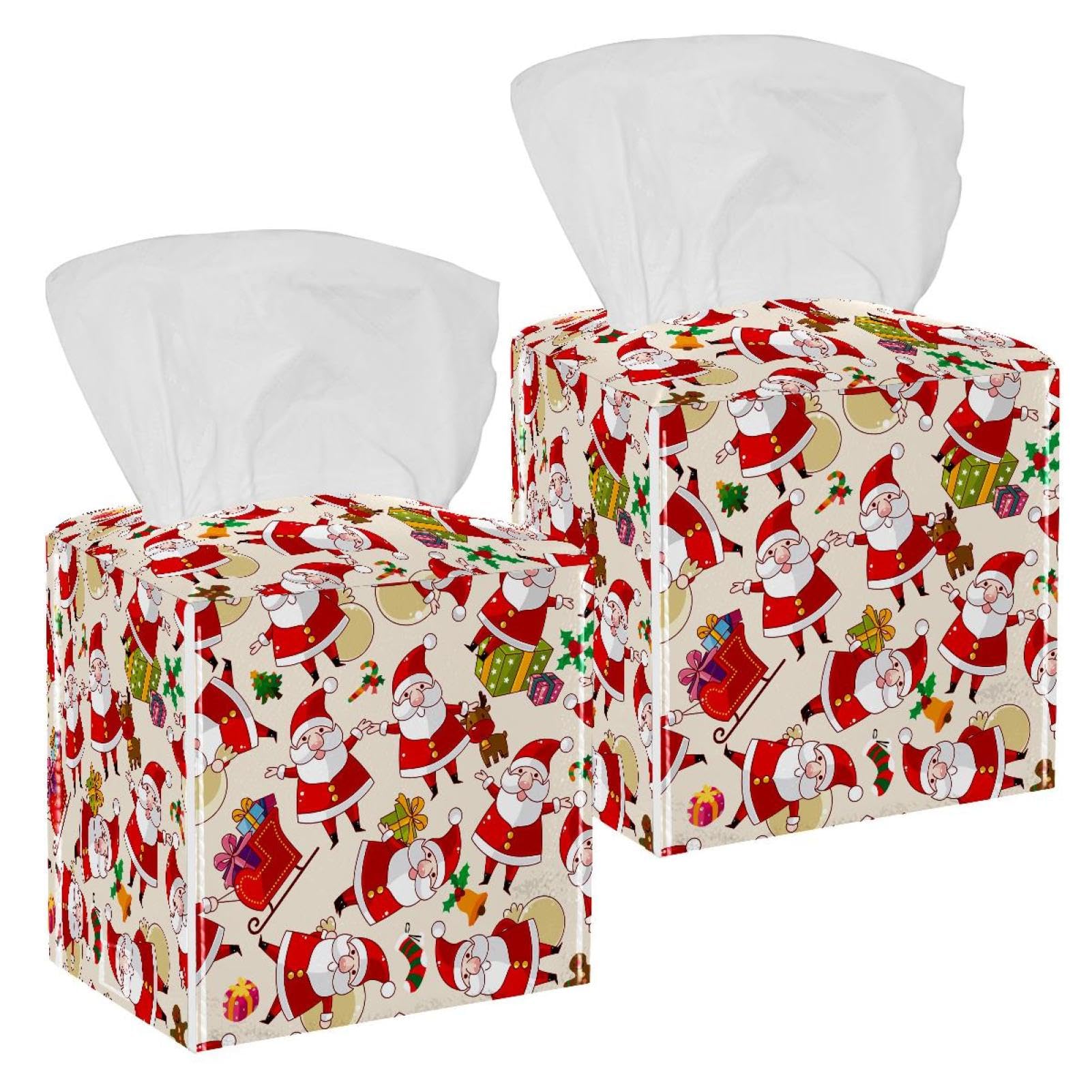 2 Pack Happy Christmas Tissue Box Cover Holder Square Tissue Foldable Cube Cover PU Leather Tissue Organizer with Bottom Belt for Bathroom, Tabletop, Car, Night Stands, Office