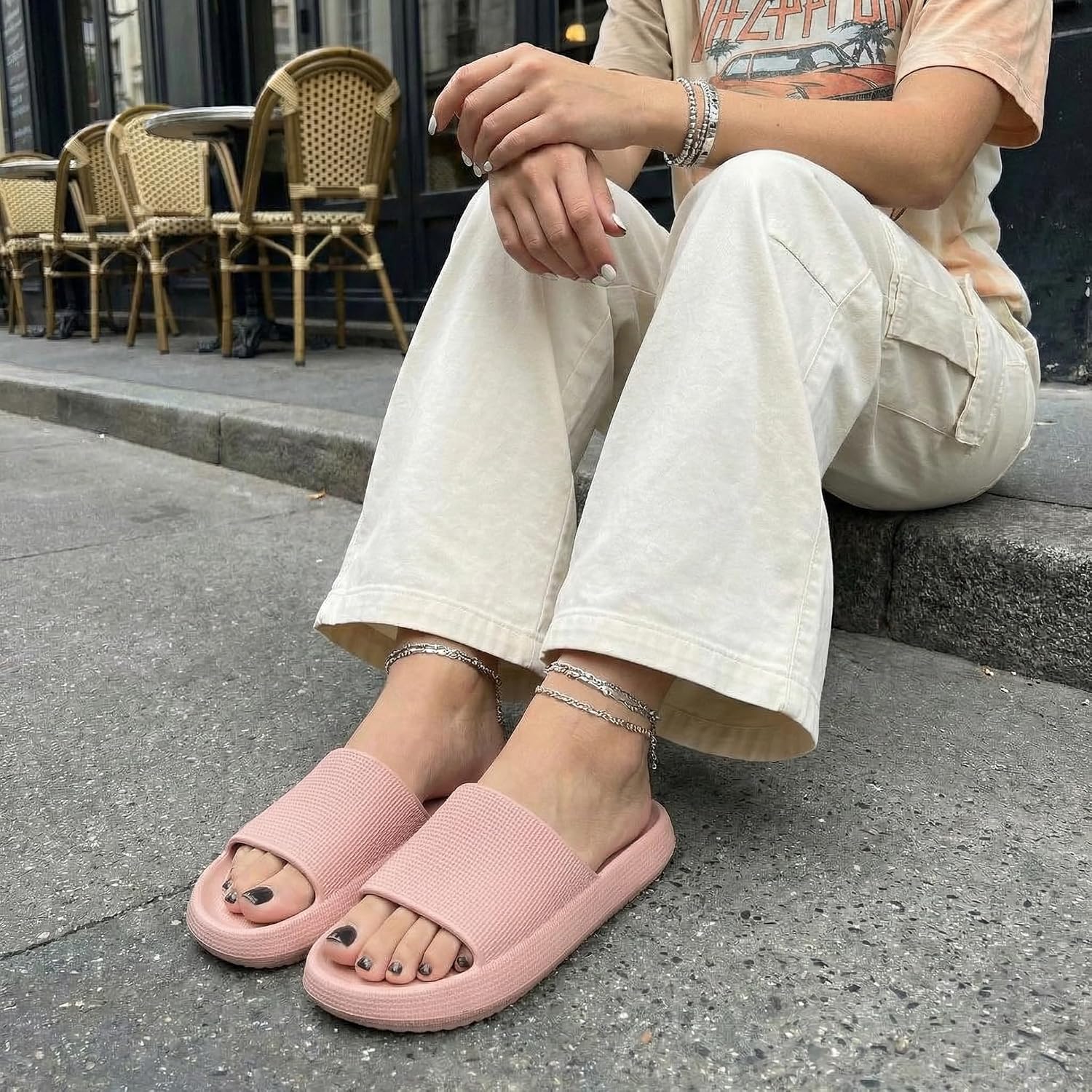 CUSHIONAIRE Feather EVA Slides for Women – Comfortable Slip On Womens Slippers, Indoor Outdoor Shower Shoes, Beach Essential Cloud Slides thumbnail