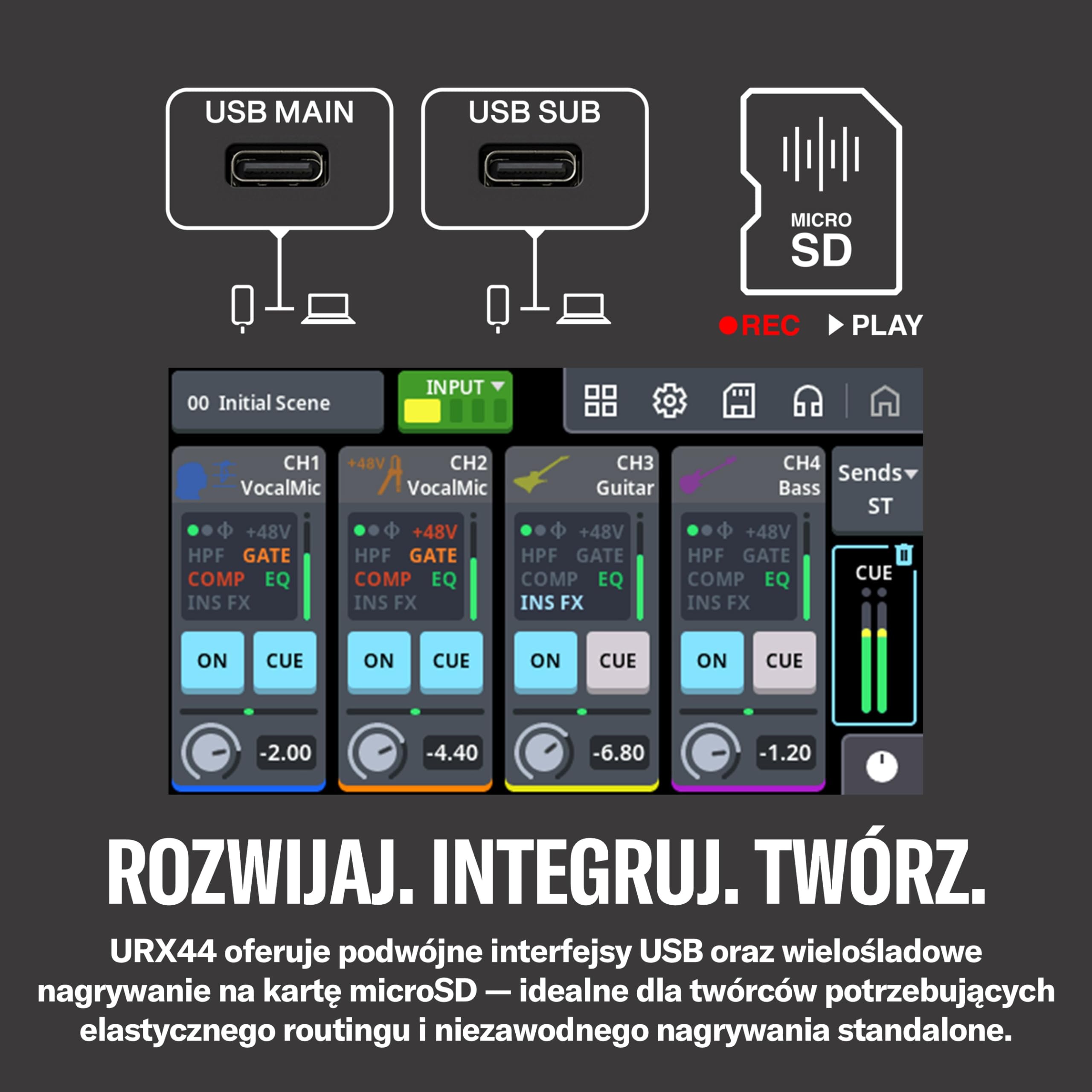 YAMAHA URX44 Interfejs Audio USB-C – Kompaktowy 6-wej./4-wyj. z dźwiękiem 32-bit/192 kHz, Dotykowym LCD, DSP, Auto Gain i nagrywaniem wielośladowym – Biały