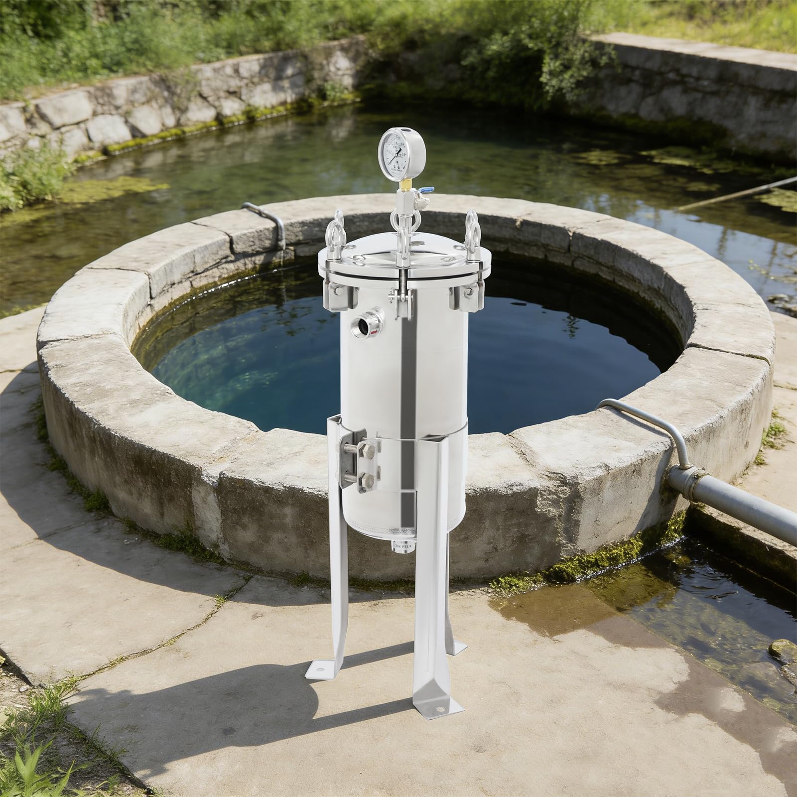 Carcasa de filtro de bolsa de acero inoxidable 304, filtro de agua para separación sólido-líquida, filtro de calcetines industrial con manómetro, superficie de filtro de 0,09 m², NPT 3/4 pulgadas