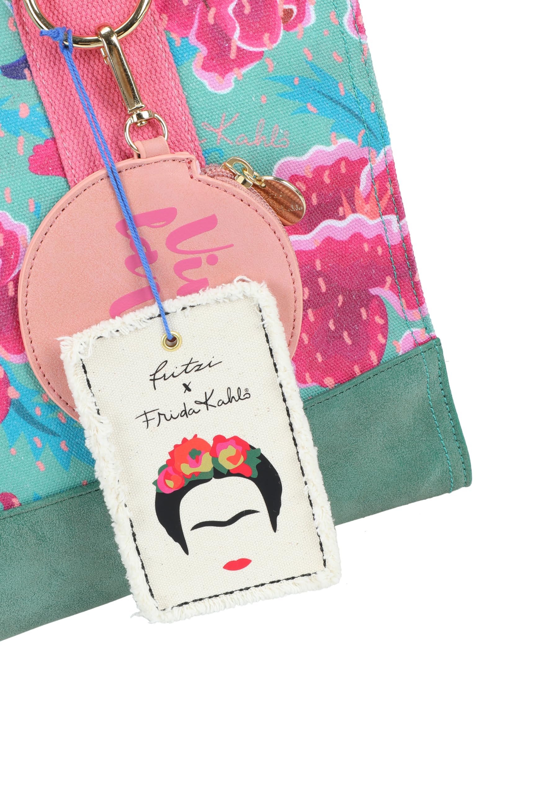 Fritzi x Frida Kahlo Tote Bag Limited Canvas Shopper Damen Schultertasche Handtasche Freizeit Alltag Arbeit Festival Reißverschluss Canvas 29.5 x 40 x 14 cm – Pink, Rosa, Türkis, Beige, Lila, Grün