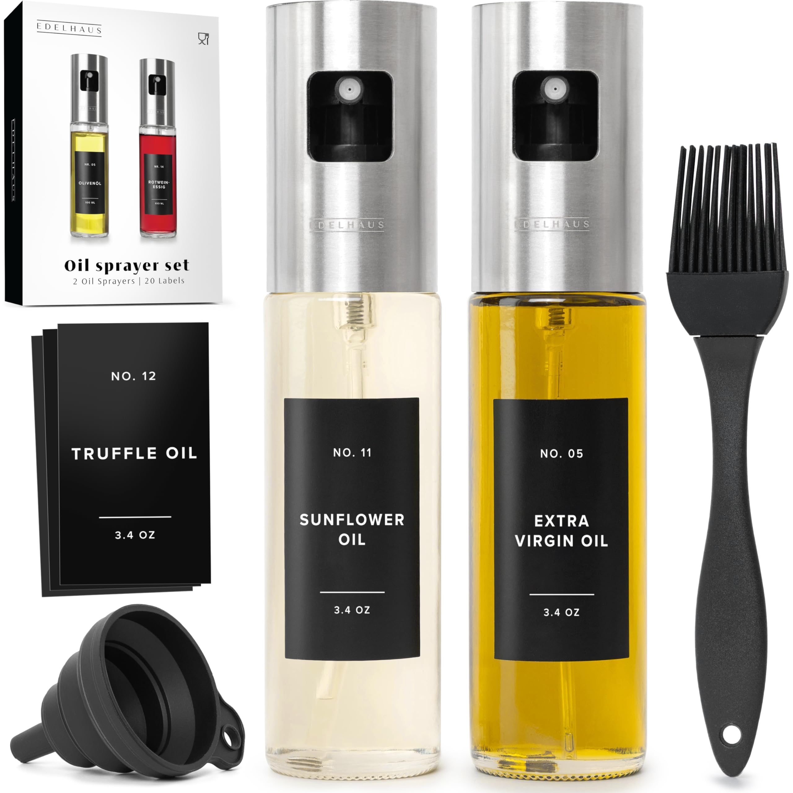 EDELHAUS Oil Sprayer Set of 2 Oil Spray Bottle Made of Stainless Steel & Glass, for Healthy Cooking, Sprayer for Precise Dosage, for Cooking Oil &