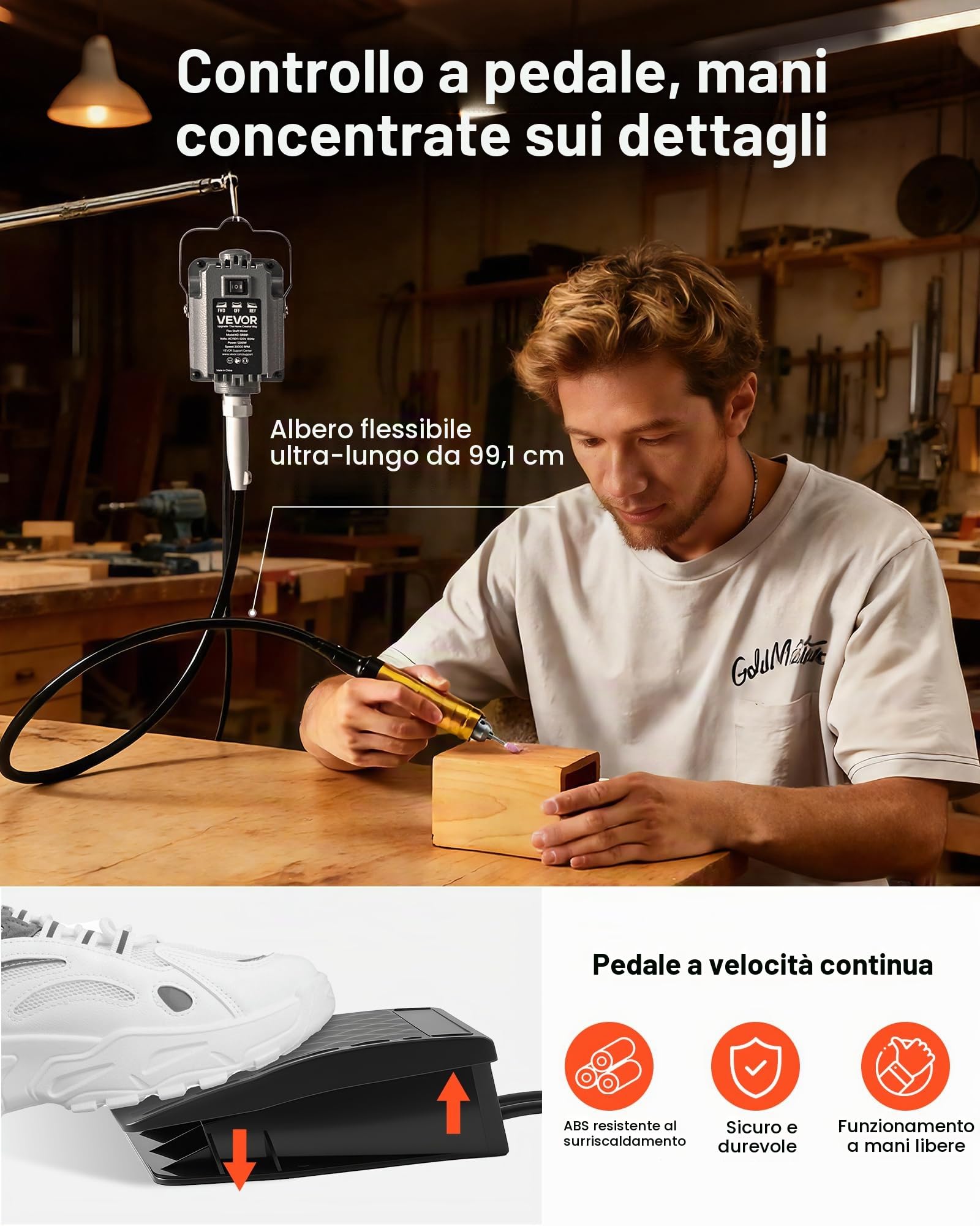 VEVOR Smerigliatrice ad Albero Flessibile Utensile Rotante Elettrico da 1200 W Velocità 30000 giri/min, Lucidatrice Sospesa Elettrica Controllo a Pedale per Levigatura Taglio Metallo Legno Fai da te