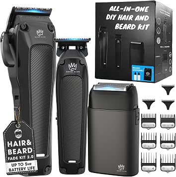 مجموعة Royal Clips Hair and Beard Fade Kit 2.0 Professional Clipper, Trimmer & Foil Shaver Bundle للرجال، مجموعة قص شعر كاملة للحلاقين هدية مثالية للعطلات للرجال والآباء والإخوة والحلاقين - أسود