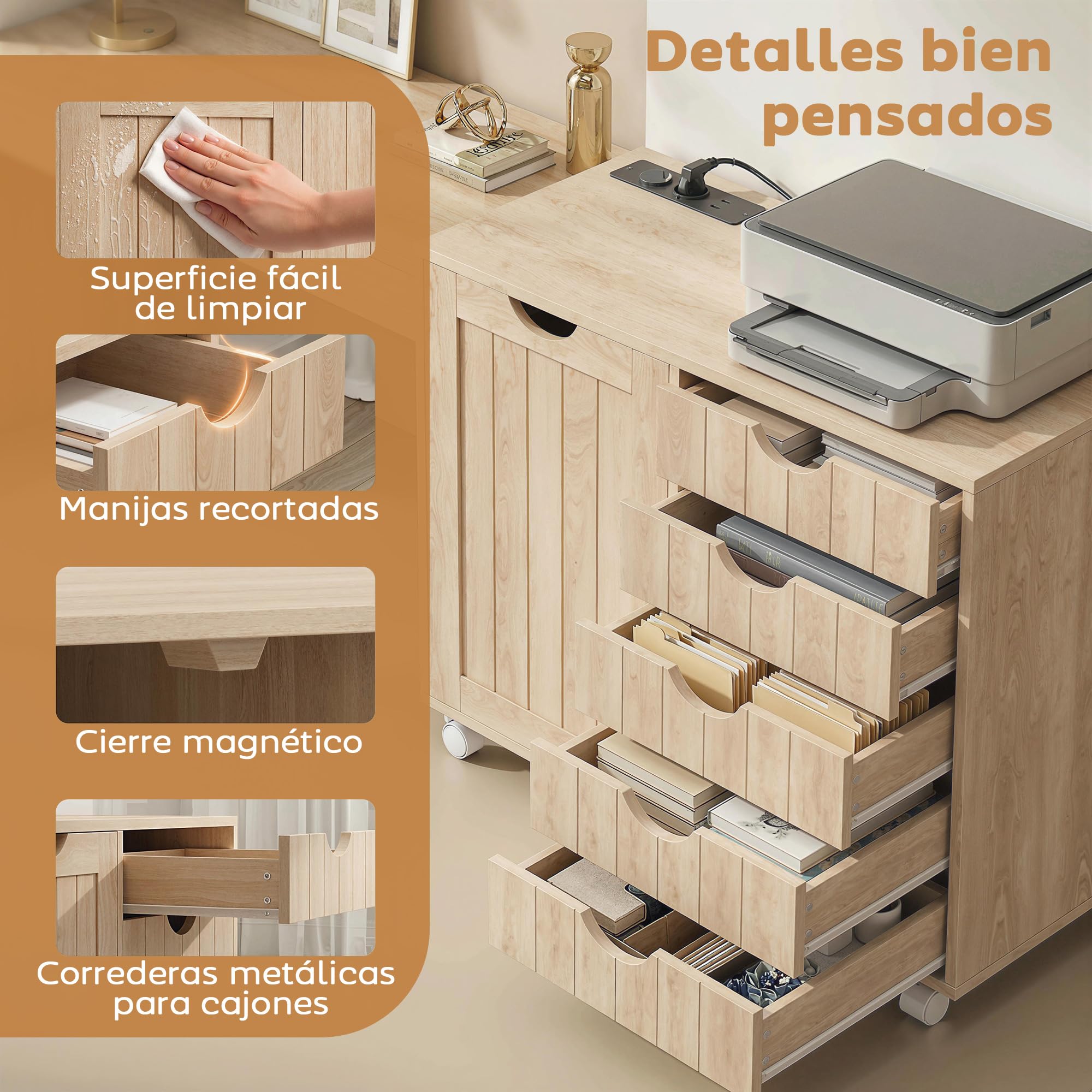 HOMCOM Mueble para Impresora con Estación de Carga y Ruedas, Soporte para Impresora, Cajonera para Escritorio con 5 Cajones, Puertos USB, Estante Ajustable para Archivador, Oficina en Casa, Natural
