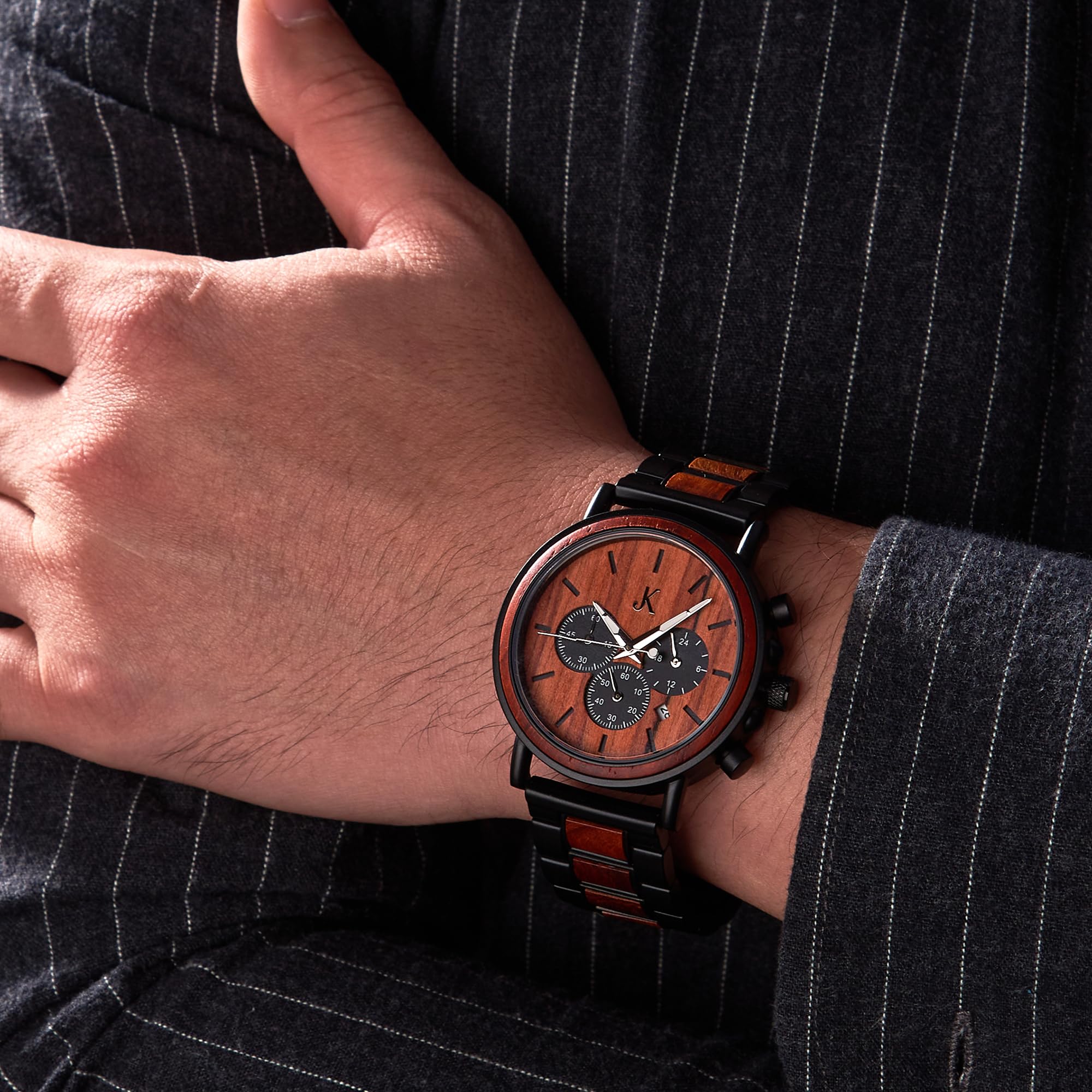 Kim Johanson® Holz-Edelstahl Armbanduhr *Military* für Herren in Braun | Chronograph mit Stoppuhr & Datum | Handgefertigt | Quarz | Analog Uhr | Geschenk | Verstellbares Armband | Inkl. Uhrenbox