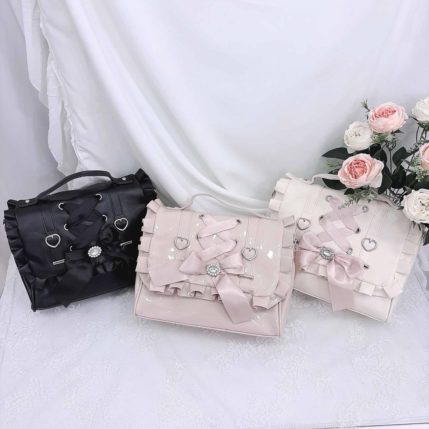 Bow Purse Cutecore Backpack, Satchel Crossbody Japanese Bag with Ruffle, Jirai Kei Coquette Shoujo Girl Gothic Lolita Fashion