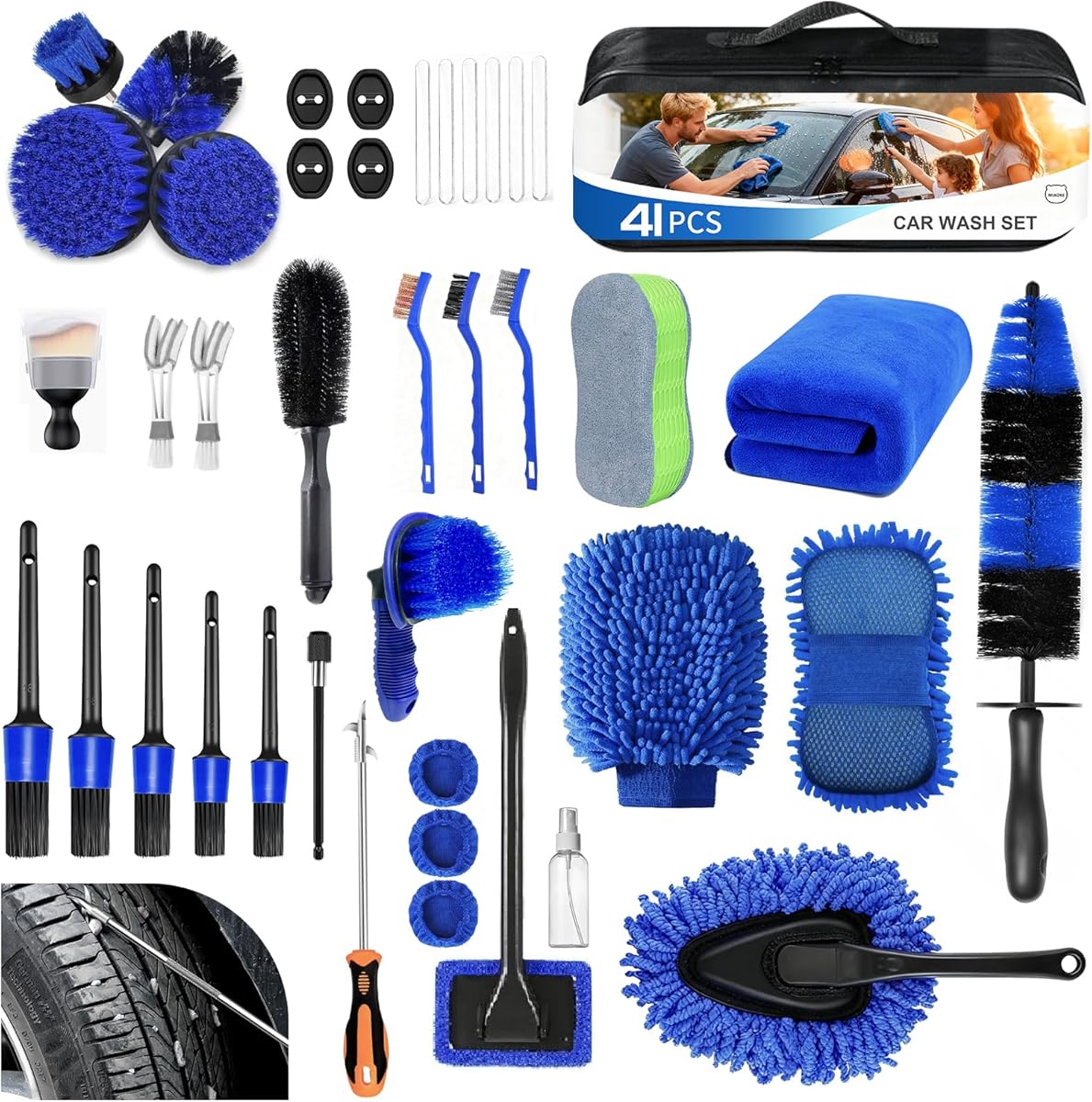 MIAOKE 41Pcs Professional Car Wash Kit, Car Cleaning Kit with Portable Handbag, Wet and Dry Use Car Detailing Kit, Durable Drill Brush, Apply to Interior, Exterior, Wheels, Trucks, Motorcycles