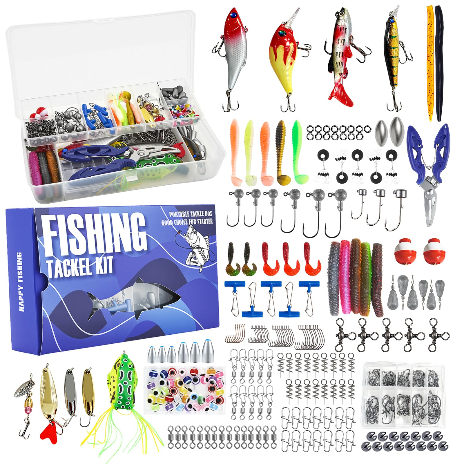 Juego de accesorios de pesca de 332 piezas, maletín con 2 estantes, con cebos, pesos de plomo, ganchos, pinzas para pesca, equipo de pesca en agua dulce y salada, regalo para pescador