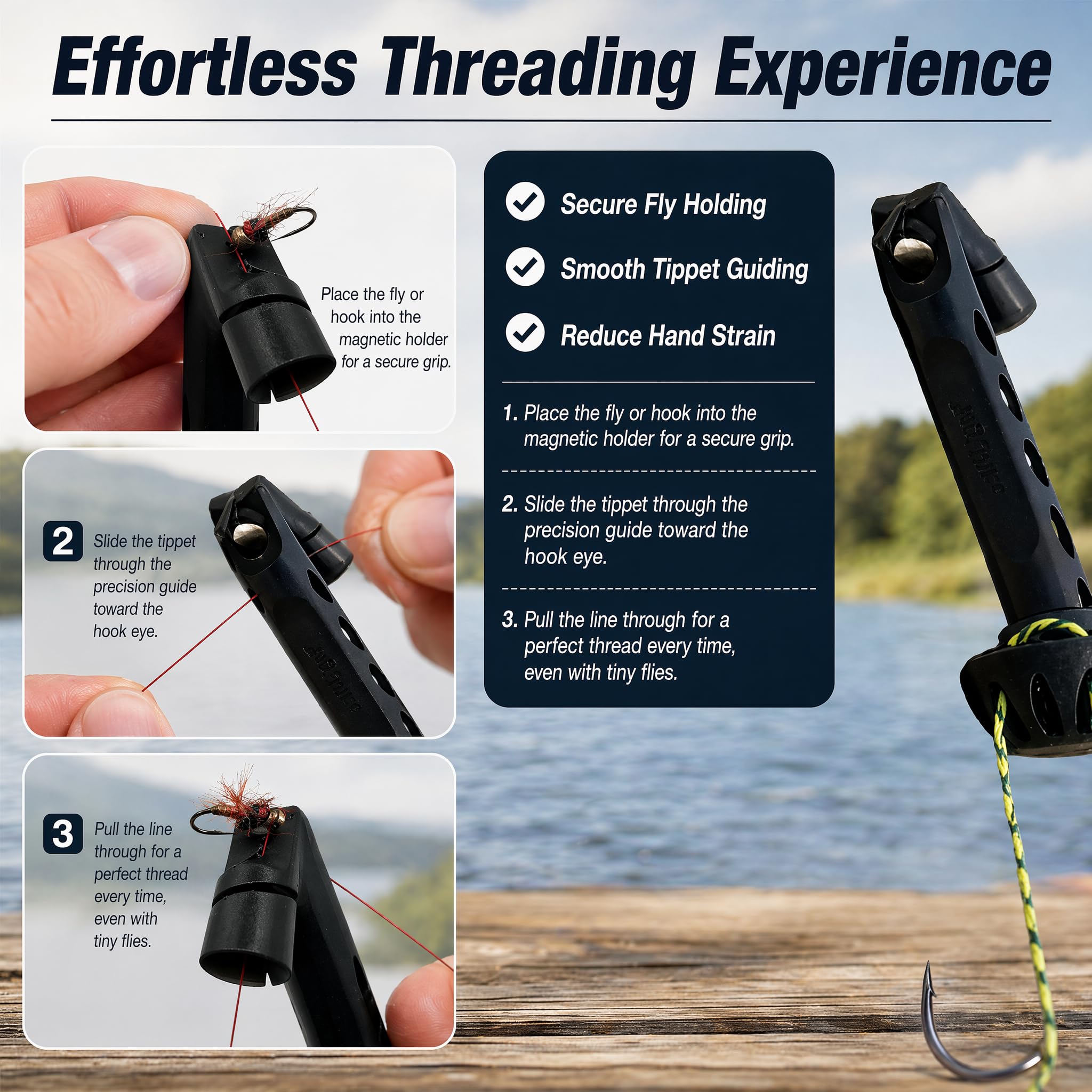 PGonline Fly Fishing Magnetic Fly Threader, infila mosche magnetico, aiuto per legare i nodi a mani libere, accessorio da pesca compatto e durevole per pescatori