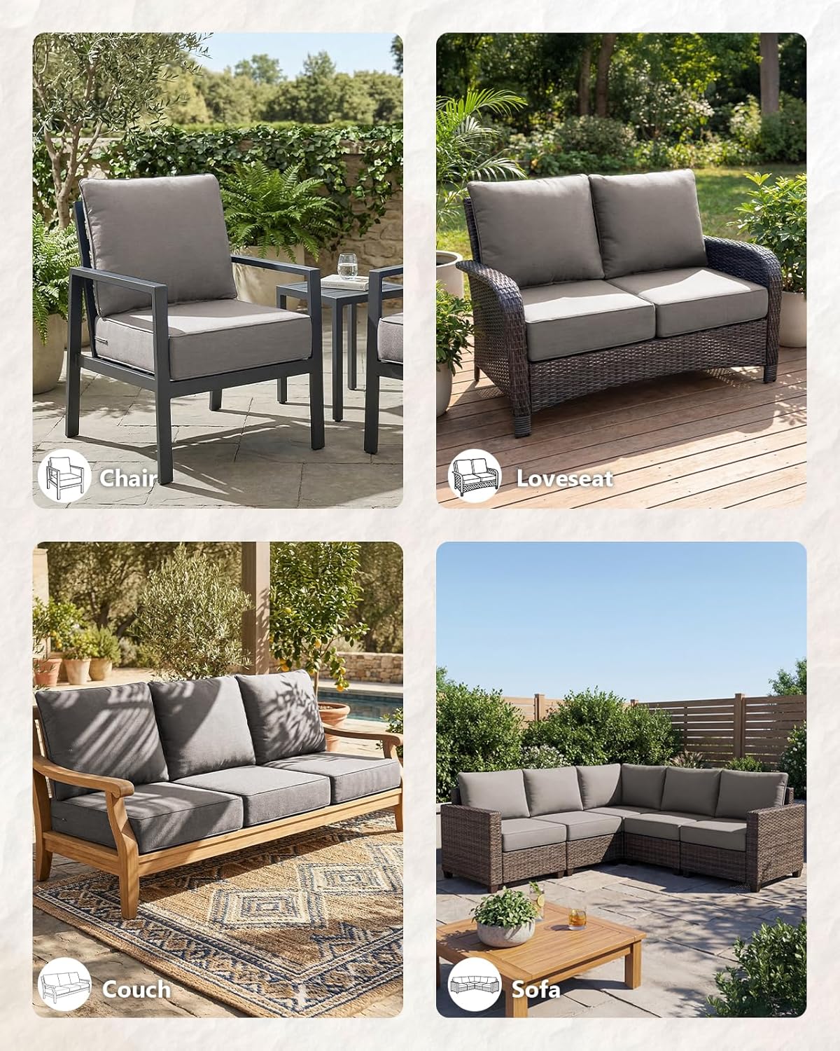 6" Thick Outdoor Cushion, 24 * 24 * 6" Patio Furniture Cushions with Waterproof Patio Furniture Cushions with Removable Cover, 28D High Density Patio Cushion for Outdoor Furniture,Gray-8pcs