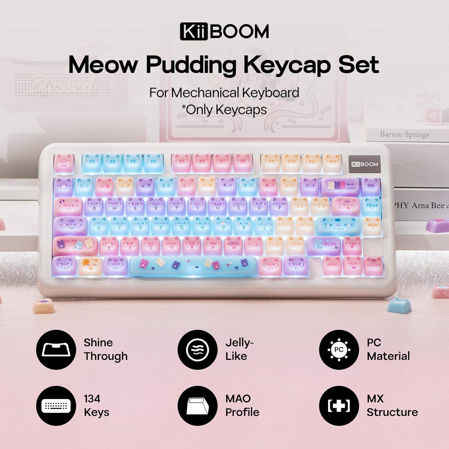 KiiBOOM Cute Cat Keycaps Set, Mao Profile, PBT/PC Keycap for MX Switches Mechanical Keyboard, Compatible with 60%, 65%, 75%, TKL, 96%, Full-Sized Layout (Meow Pudding)