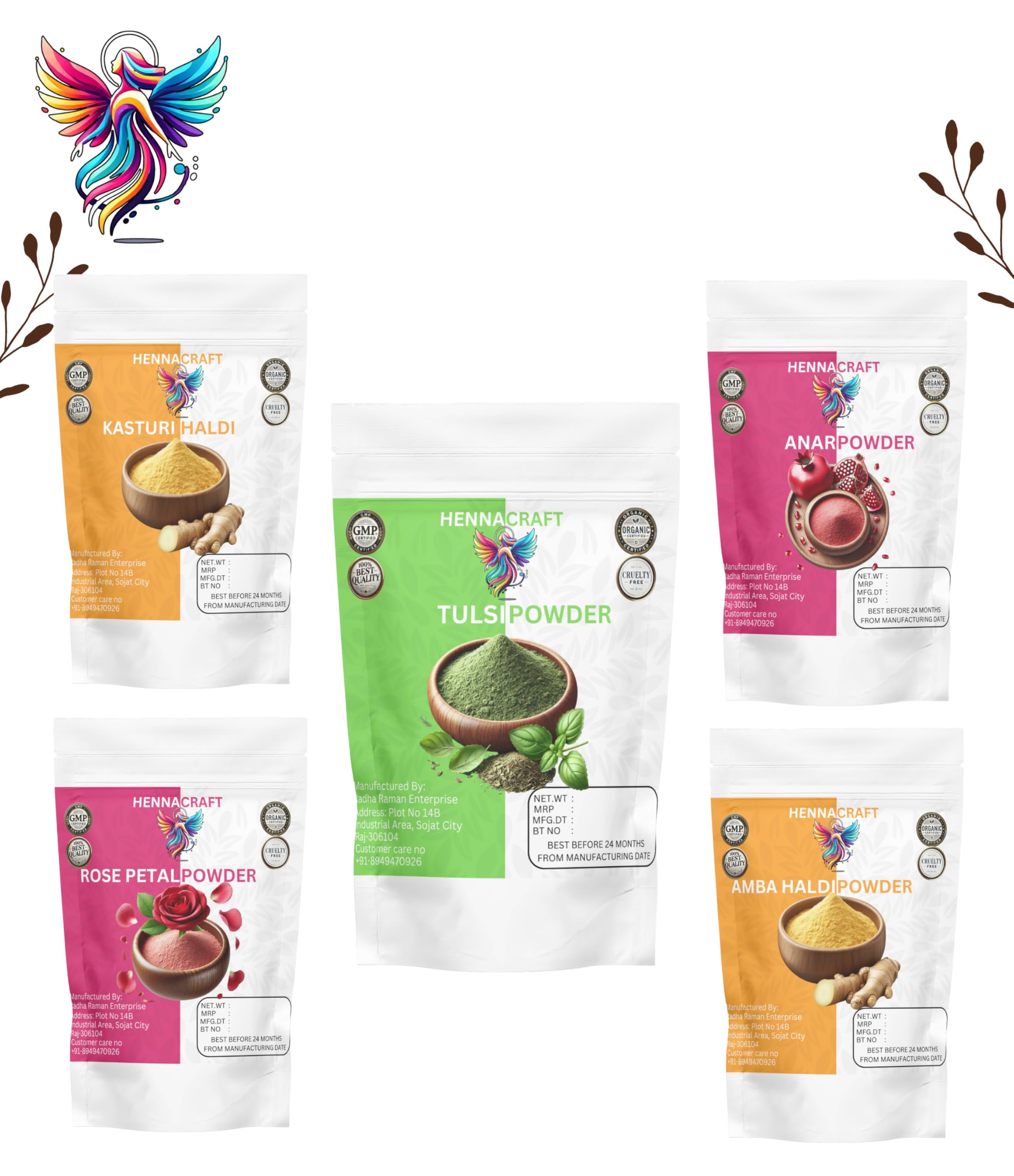 Henna Craft Hair & Skin Care Combo – Amba Haldi, Kasturi Haldi, Anar, Tulsi, and Rose Powder (40g each) – Revitalize, Nourish, and Refresh Naturally-image-35