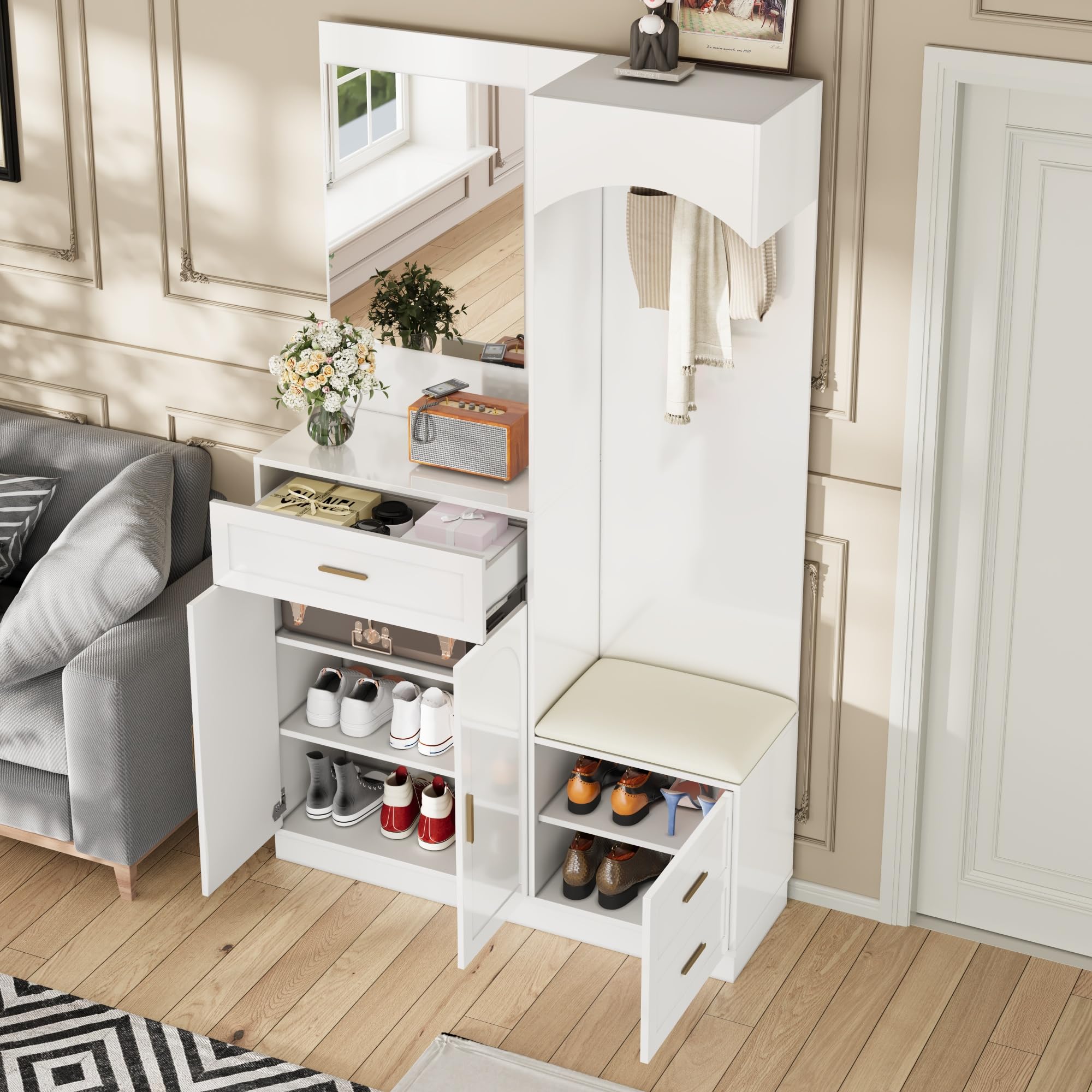 LAKFEW Juego de Perchero Moderno, Recibidores de Entrada con Espejo y Asiento, Conjunto de Perchero Entrada Recibidor Mueble Recibidor con Cajón y 3 Puertas, Percheros, 110x33x185.5 cm, Blanco