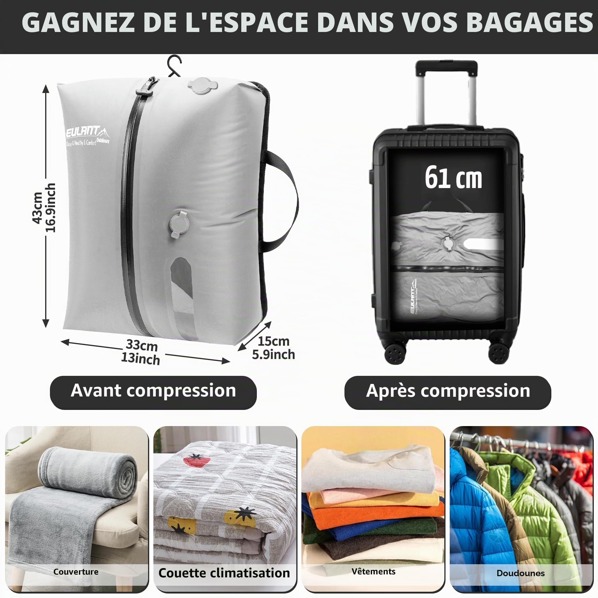 EULANT Réutilisable Sac Compression Sous Vide pour Voyage,TPU Sac de Compression avec IP67 D'étanchéité Zip,Imperméables Sac Voyage Sous Vide Cubes D'emballage Etanches pour Valise Bagage Sac à Dos