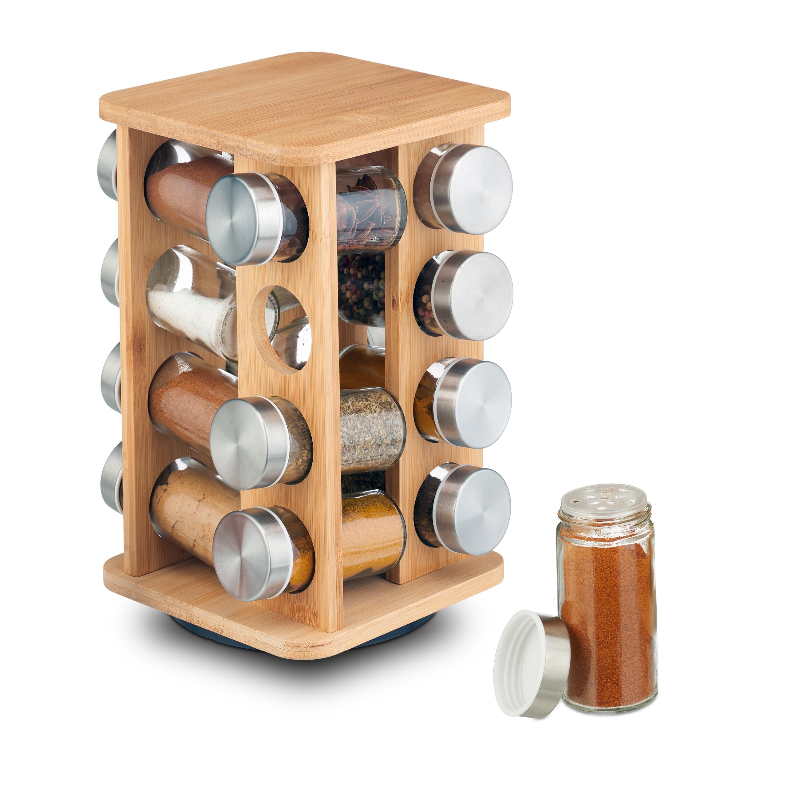 Relaxdays Spice Rack, 16 Jars, 360° Rotating Carousel Stand, HxWxD 27 x 17 x 17 cm, Bamboo, Herbs & Seasoning, Natural