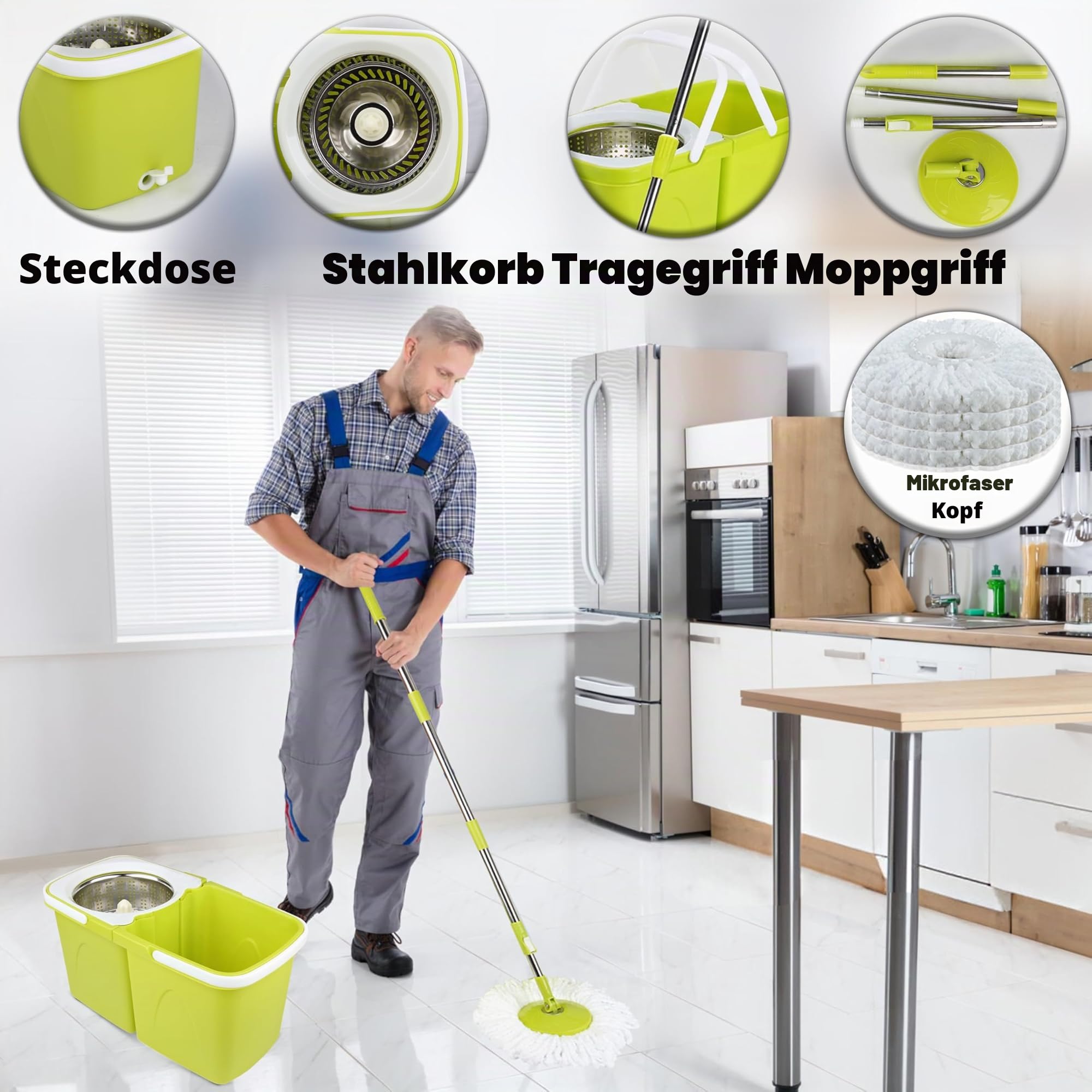 ARSUK Mopp- und Eimer-Sets – 2 Separate stapelbare Eimer mit 2 Mikrofaser-Moppköpfen und 360° drehbarem, höhenverstellbarem Teleskopstiel