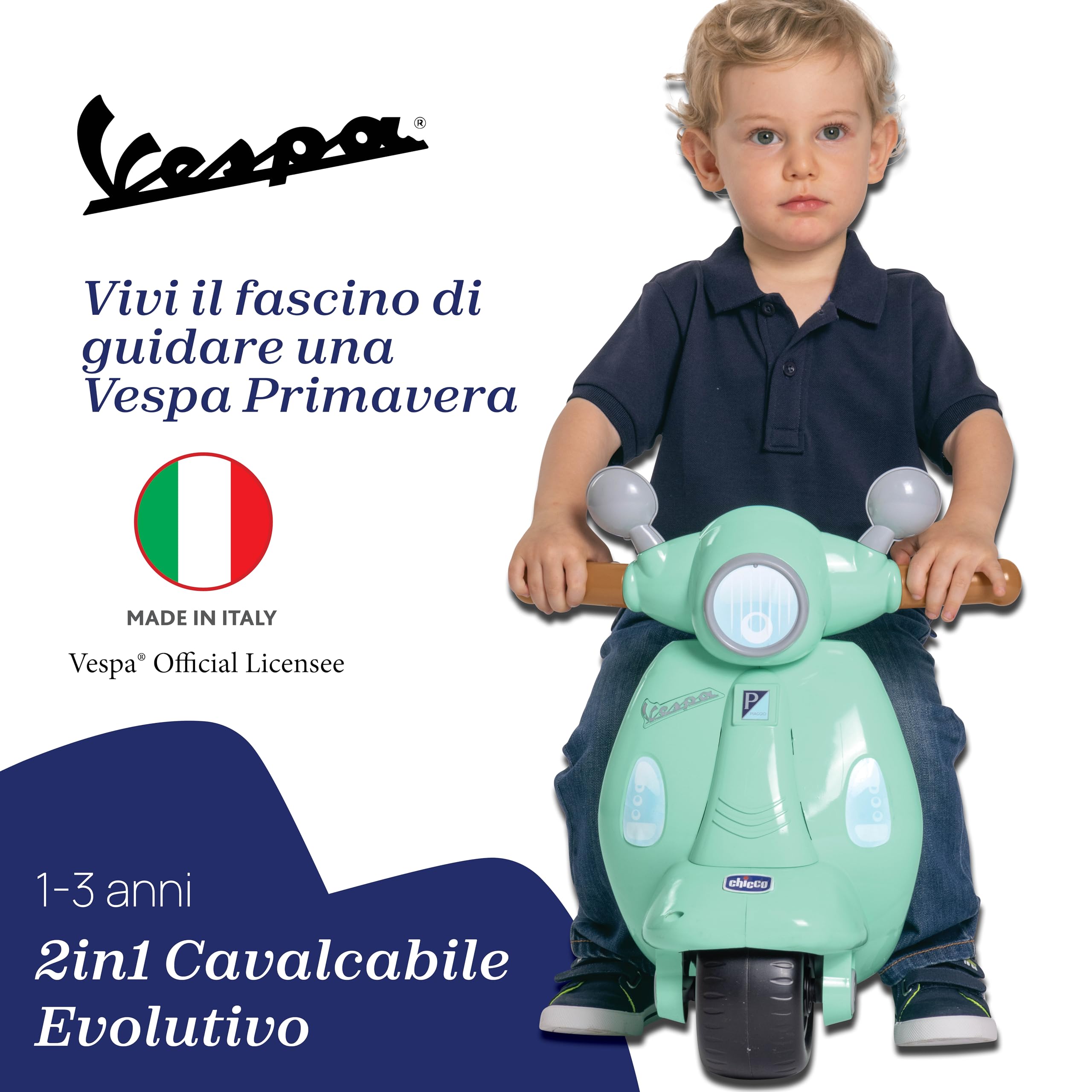 Chicco Vespa per Bambini Primavera, Moto Giocattolo Cavalcabile con Pannello Elettronico, Luci e Suoni, Ruote di Supporto Rimuovibili, Max 25 kg - Giochi per Bambini 1-3 Anni, Verde Acqua