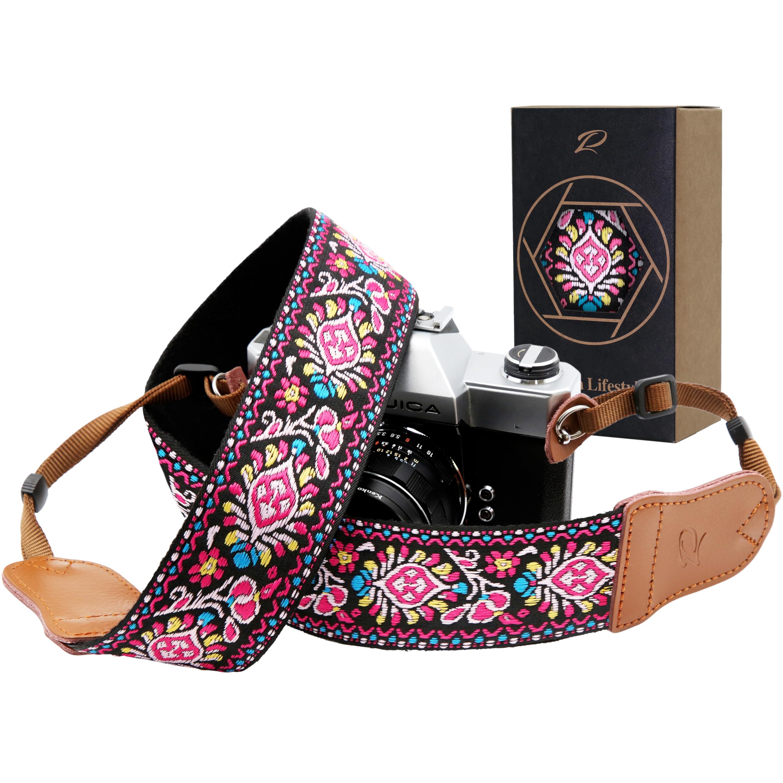 Padwa Lifestyle Pink Vintage Embroidered Camera Strap - 2" Wide Cowhide Head Camera Straps,Cotton Woven Adjustable Shoulder &amp; Neck Strap for All DSLR Cameras,Great Gift for Men&amp;Women Photographers