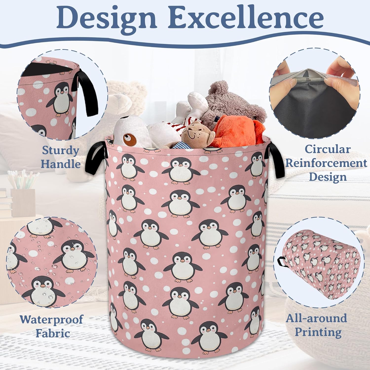 Cute Penguins Laundry Basket,Oxford Cloth Funny Laundry Hamper With Handle Foldable Portable Clothes Storage Basket for Laundry Room/Bedroom/Bathroom 20.8"x16"