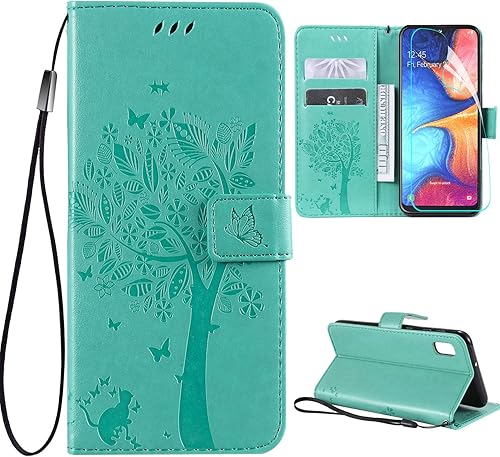 Funda protectora de piel sintética para Samsung Galaxy A10e con protector de pantalla, diseño de árbol del amor y gato con tarjetero y función atril