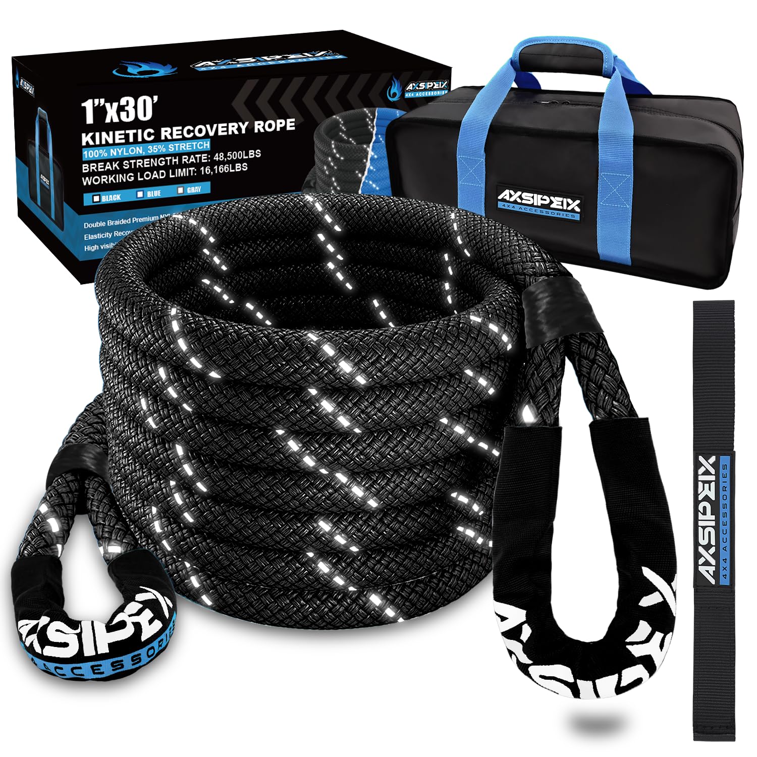AXSIPEIX Kinetic Recovery Rope (Reflective) | 1in x 30ft 48,500Lbs Heavy Duty, 35% Elasticity Tow Rope - Offroad Snatch Strap for 4x4 Truck SUV UTV