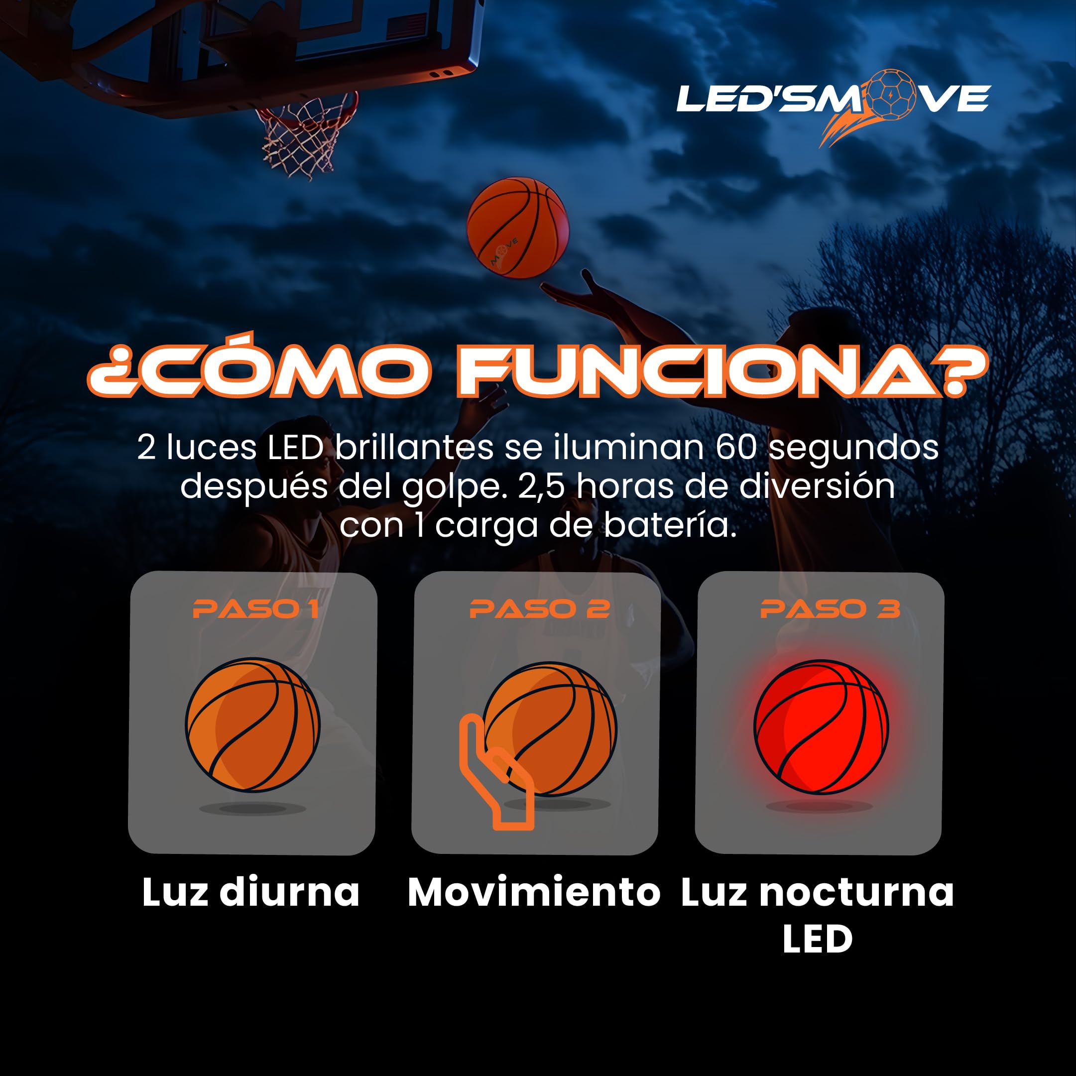 LED'S MOVE LS3 Pelota Baloncesto Luminosa LED Talla 7 Outdoor, Balón de Baloncesto Recargable USB-C, Pelota Basket Niño Exterior Interior, Niño 8 10 12 Años Jugar Fuera Casa