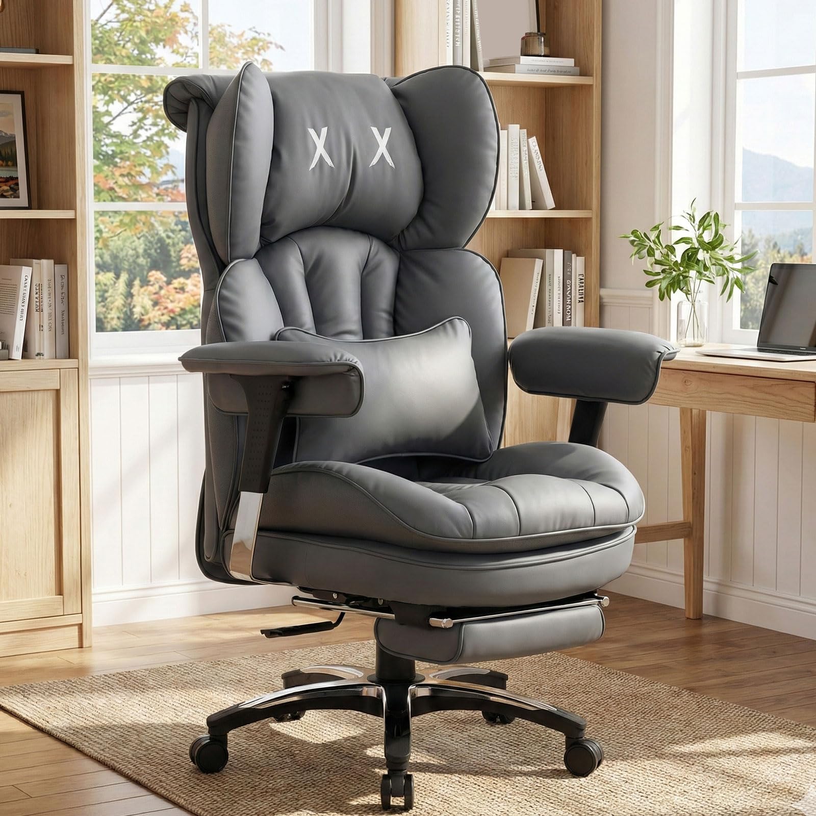 Efomao Big and Tall Office Chair, X-Embroidery PU Leather Home