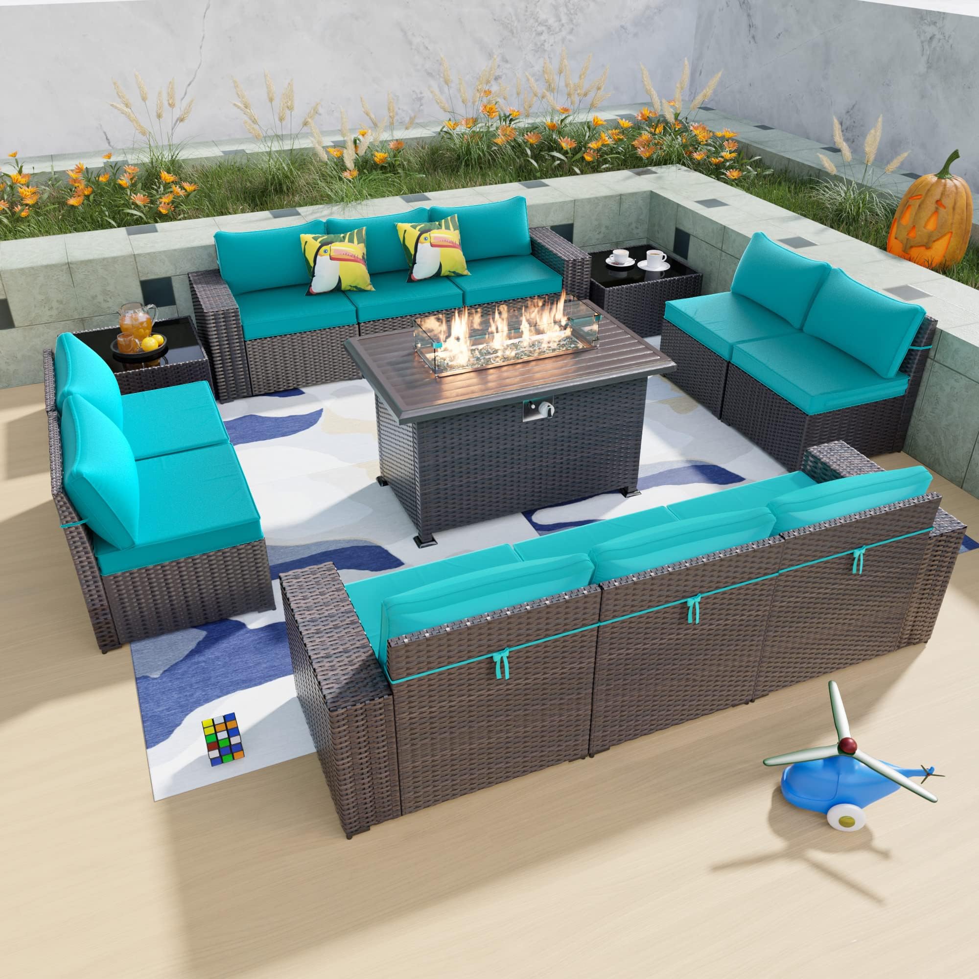 ALAULM 13 Pieces Outdoor Patio Furniture Set with Propane Fire Pit Table Outdoor Sectional Sofa Sets Patio Furniture 43" Gas Fire Pit Brown PE Rattan Patio Conversation Set w/10 Cushions(Blue)