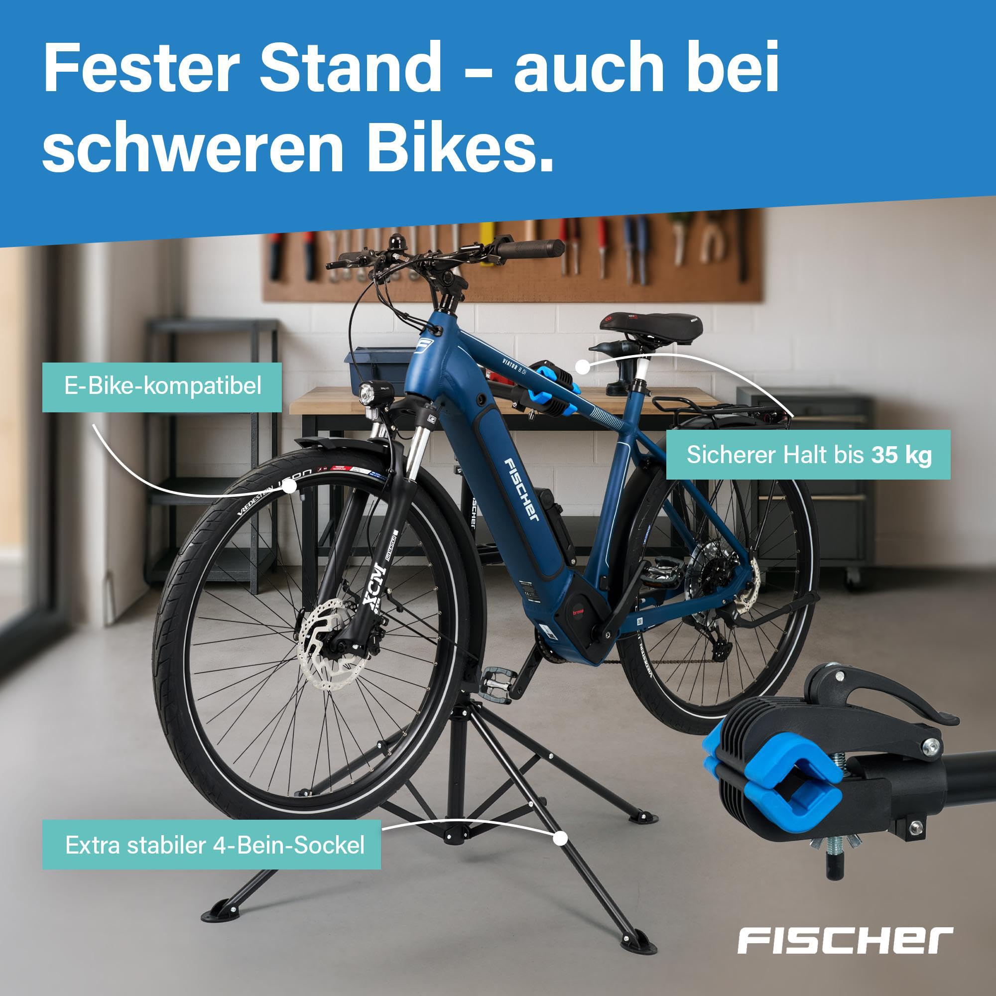 Fischer - Soporte de Montaje para Bicicleta (4 Patas, Altura Regulable, Estable con Soporte Fijo)