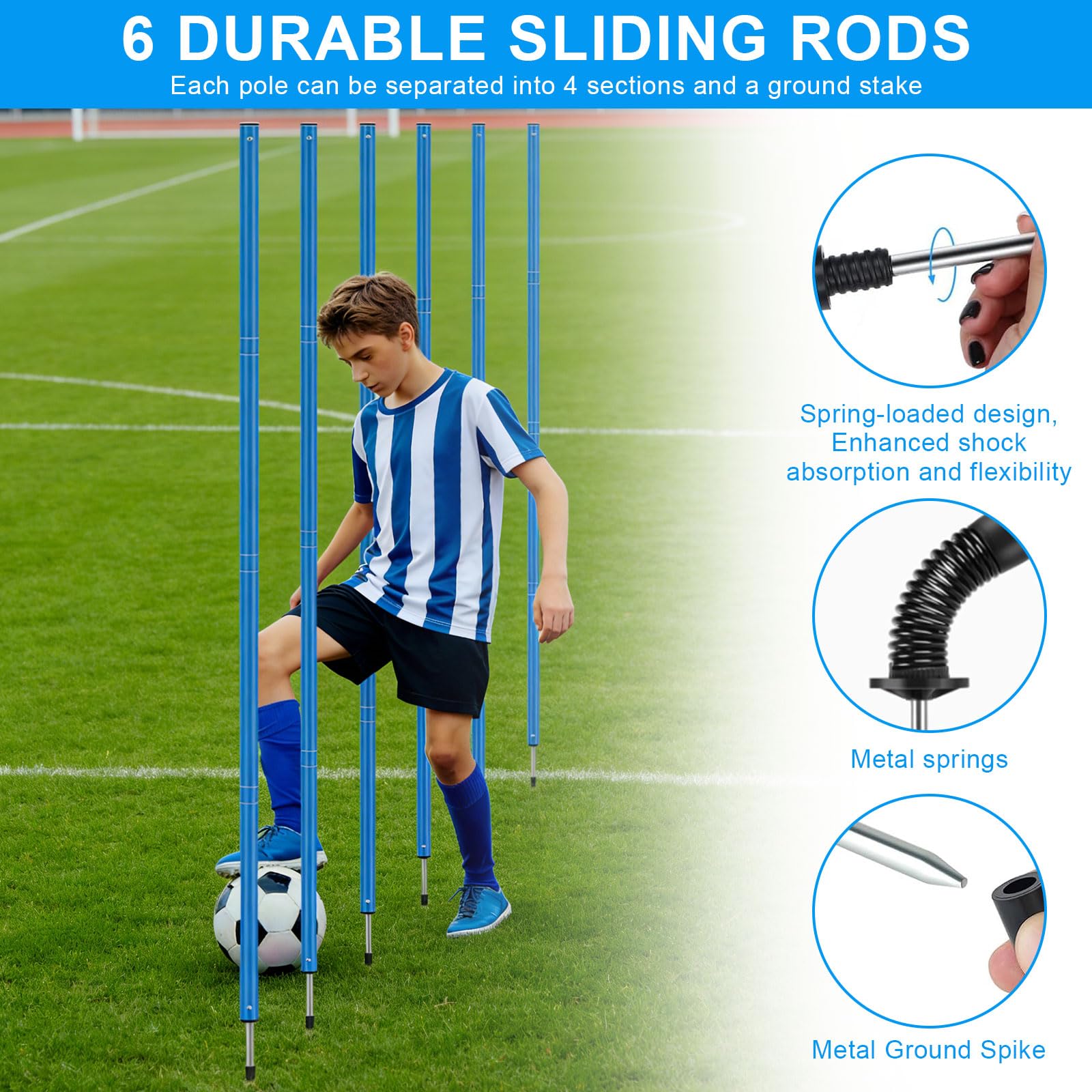 Set di accessori per allenamento da calcio, Slalom Poles 6 aste Slalom con scala di coordinazione 6 m, 12 cappelli, corda per saltare e paracadute, per allenamento di coordinazione, slalom, calcio