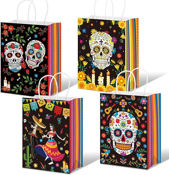 16 Pcs Day of The Dead Gift Bags Dia De Los Muertos Goodie Bag with Handles Sugar Skull Candy Bags Day of The Dead Treat Bag for Halloween Day of The Dead Dia De Los Muertos Party Favor Decoration