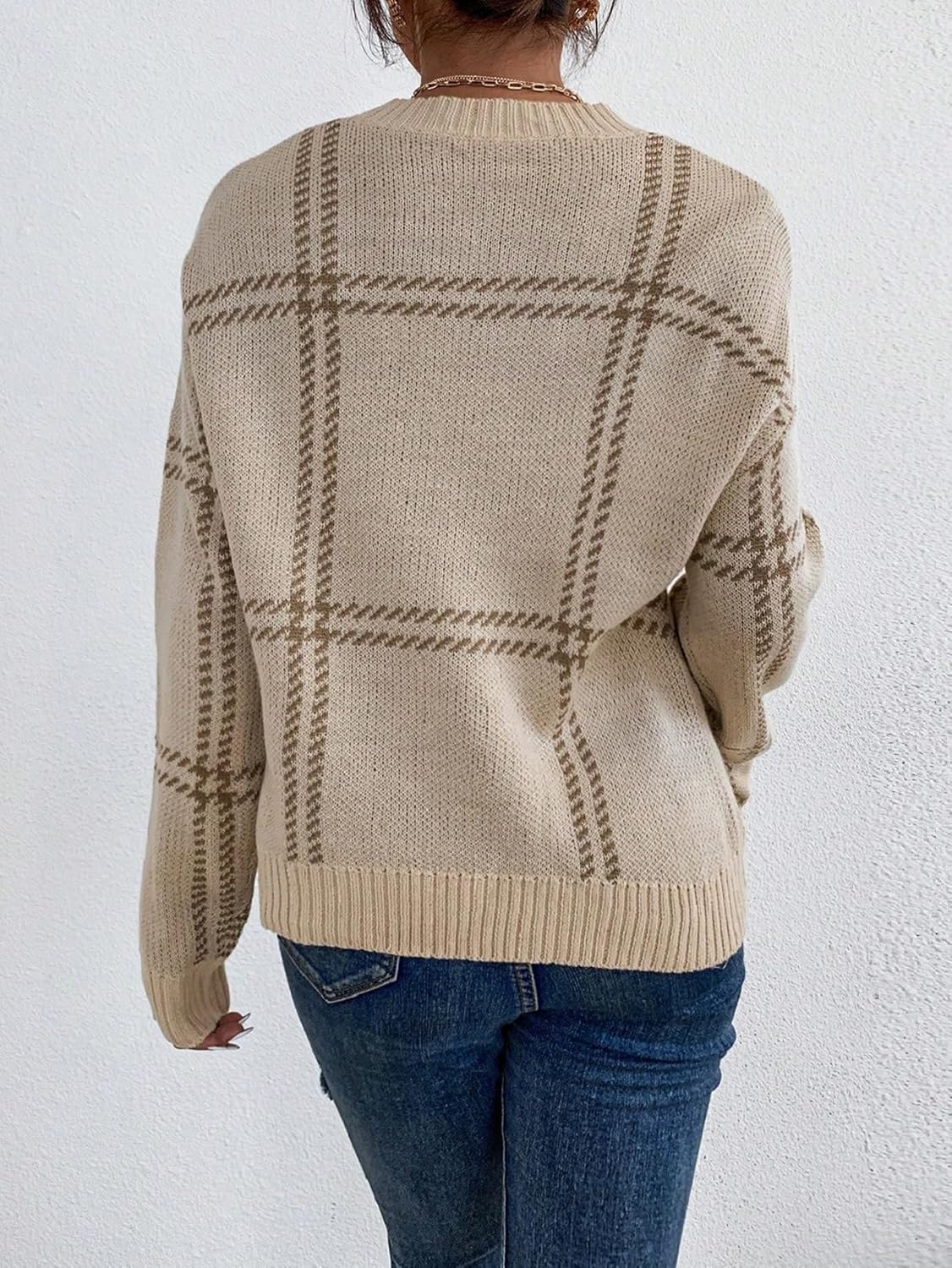 SOLY HUX Women's Knit Sweater Crew Neck Long Sleeve Plaid Pullover Tops Fall Clothes - Image 2