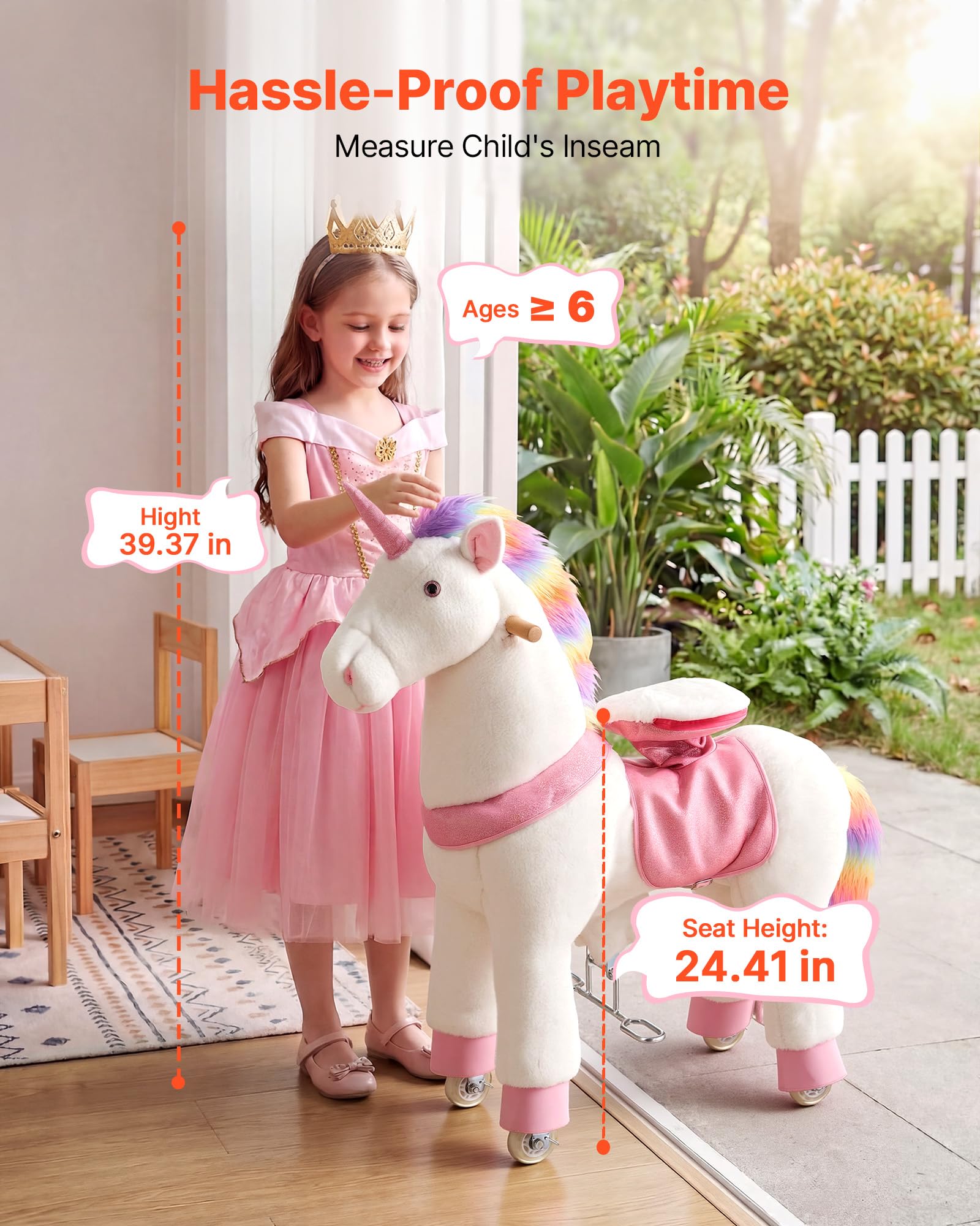 VEVOR Unicorno Cavalcabile per Bambini, Cavallo Giocattolo Cavalcabile con Ruote, Senza Batterie, Anello Anti-Ribaltamento, Sedile Rialzato, Maniglie e Pedali, Carico Massimo 80kg, Per Bambini 6+ Anni