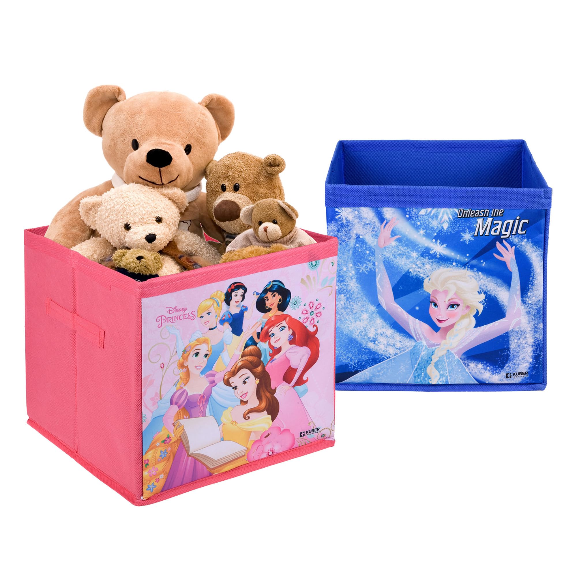 Kuber Industries Pack of 2 Storage Box | Square Toy Storage Box | Wardrobe Organizer for Clothes-Books-Toys | Stationary Organizer | Drawer Organizer Box with Handle | Disney-Print | Pink & Blue