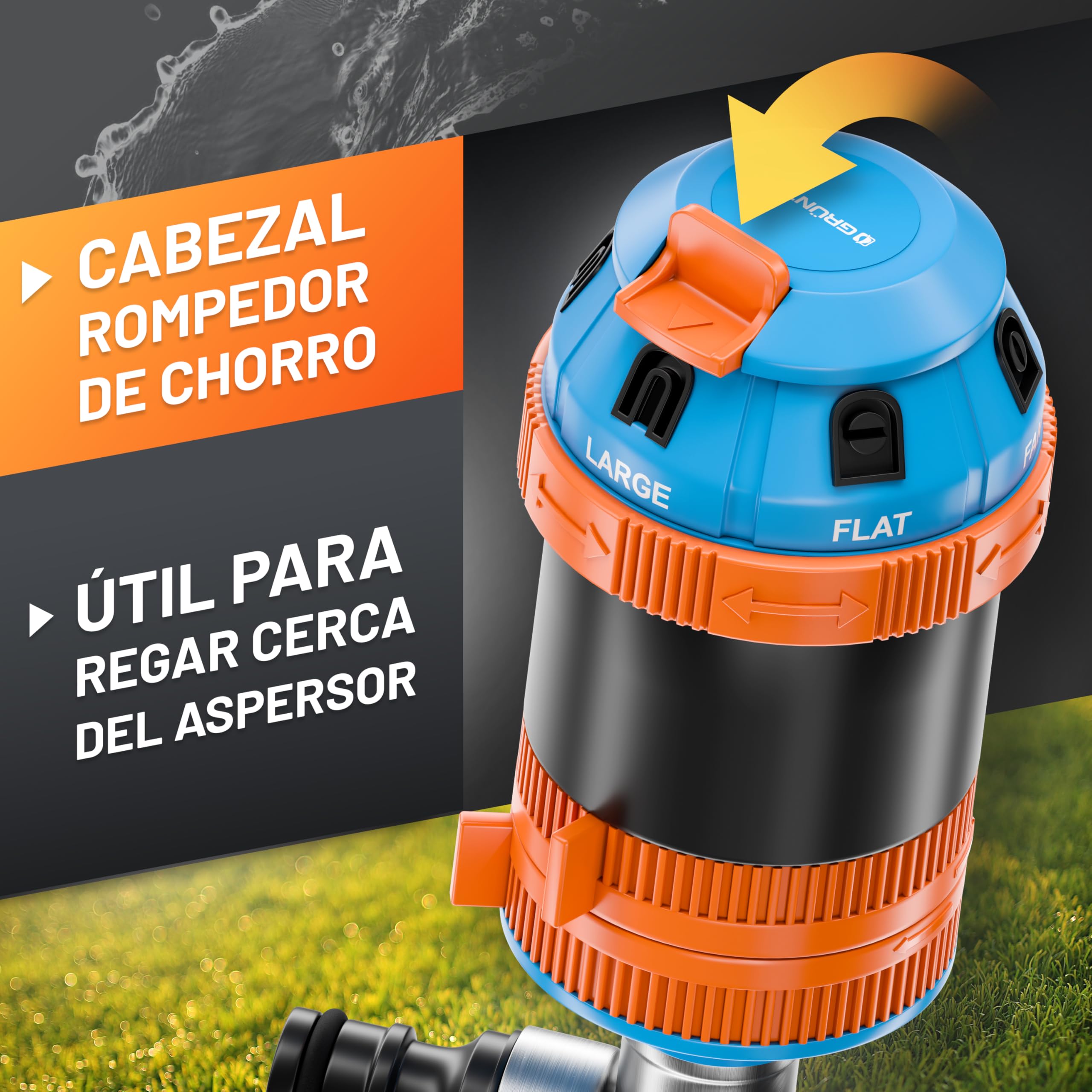 GRÜNTEK Aspersor de Riego Césped Aspersor Giratorio Automatico 360° Sectorial con Estaca de Metal - Regador Circular Riego Jardines Grandes Superficies - Alcance máximo 12.5 M