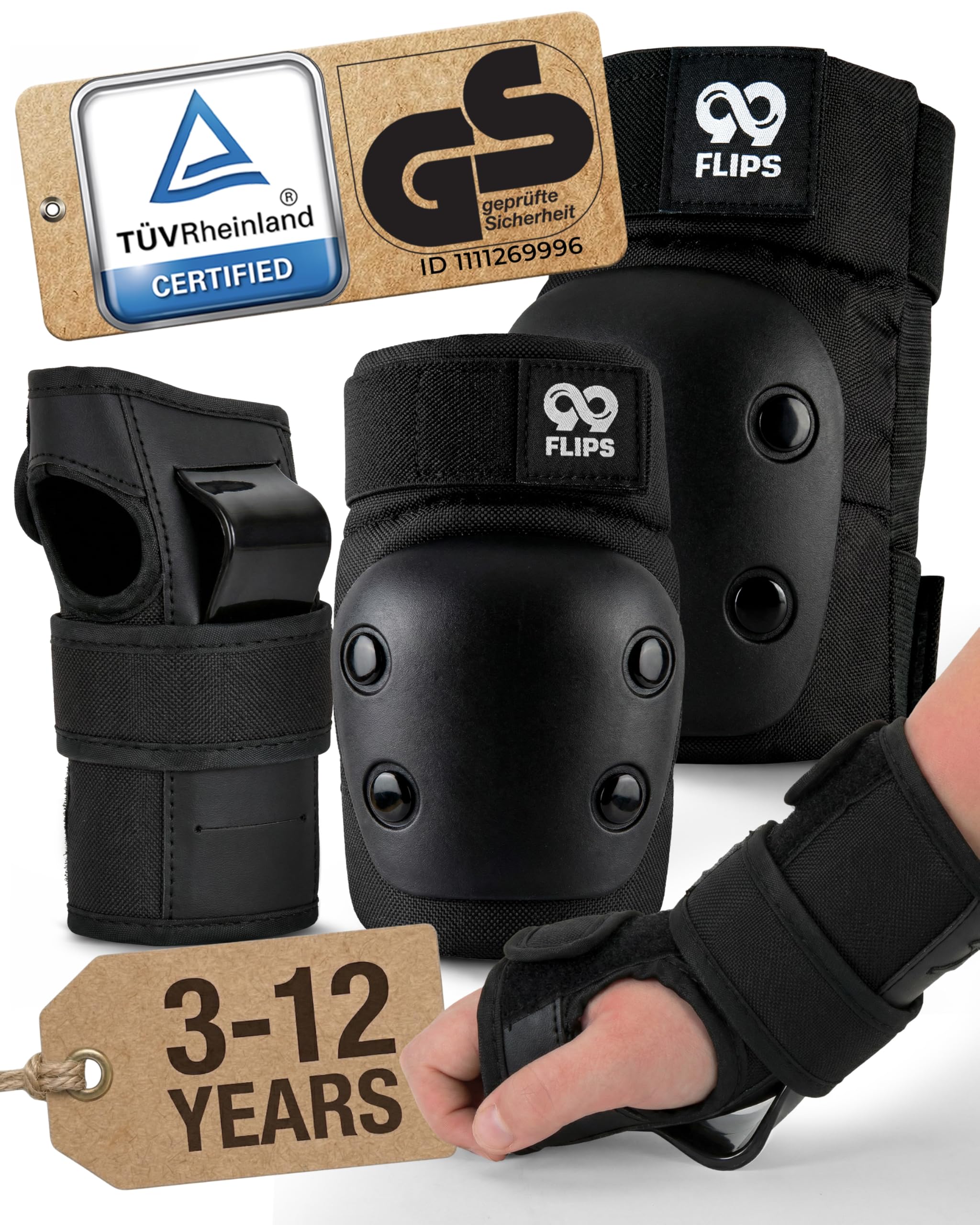 99FLIPS Protection Skateboard Enfant - Protection Velo Enfant 3 Ans - Protege Genoux Skateboard, Skate et Freestyle BMX - Slide - Taille SM Noir