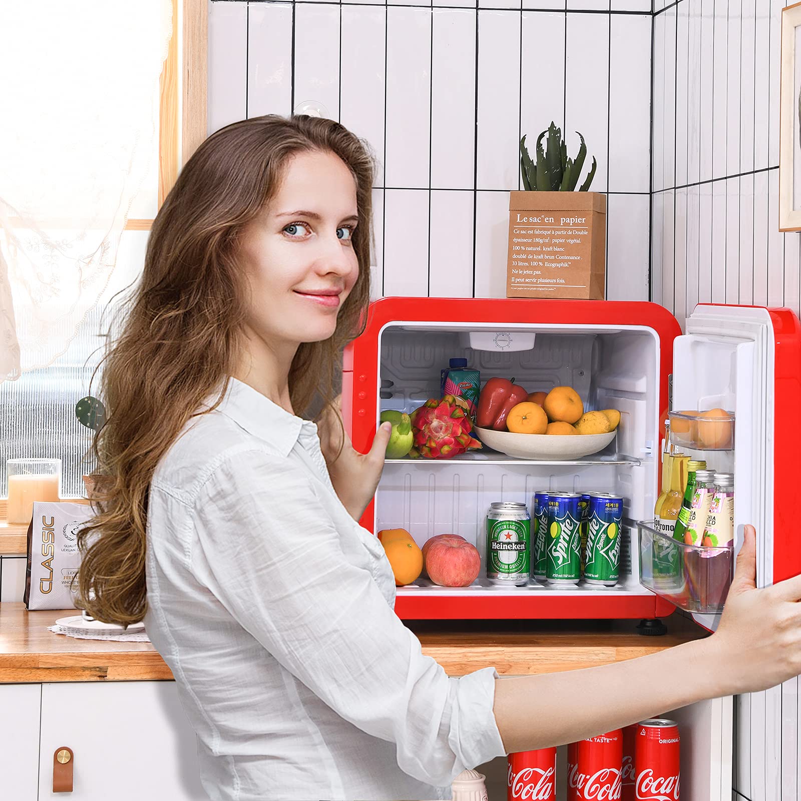 COSTWAY Mini Fridge, 42L/68L Compact Table Top Refrigerator with LED Light, Adjustable Thermostat, Reversible Door and Removable Glass Shelf, Home Dorm Drinks Wine Refrigerator (42L, Red) — view 8