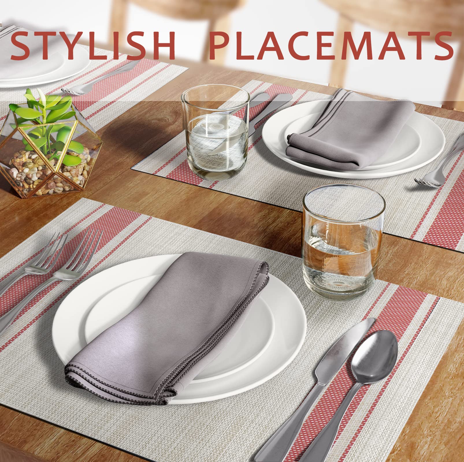 ARTAND Placemats Set of 4, Woven Placemats for Dining Table, Boho Decor Plastic Table Place Mats, Vinyl Table Mats for Indoor Outdoor Red Lines