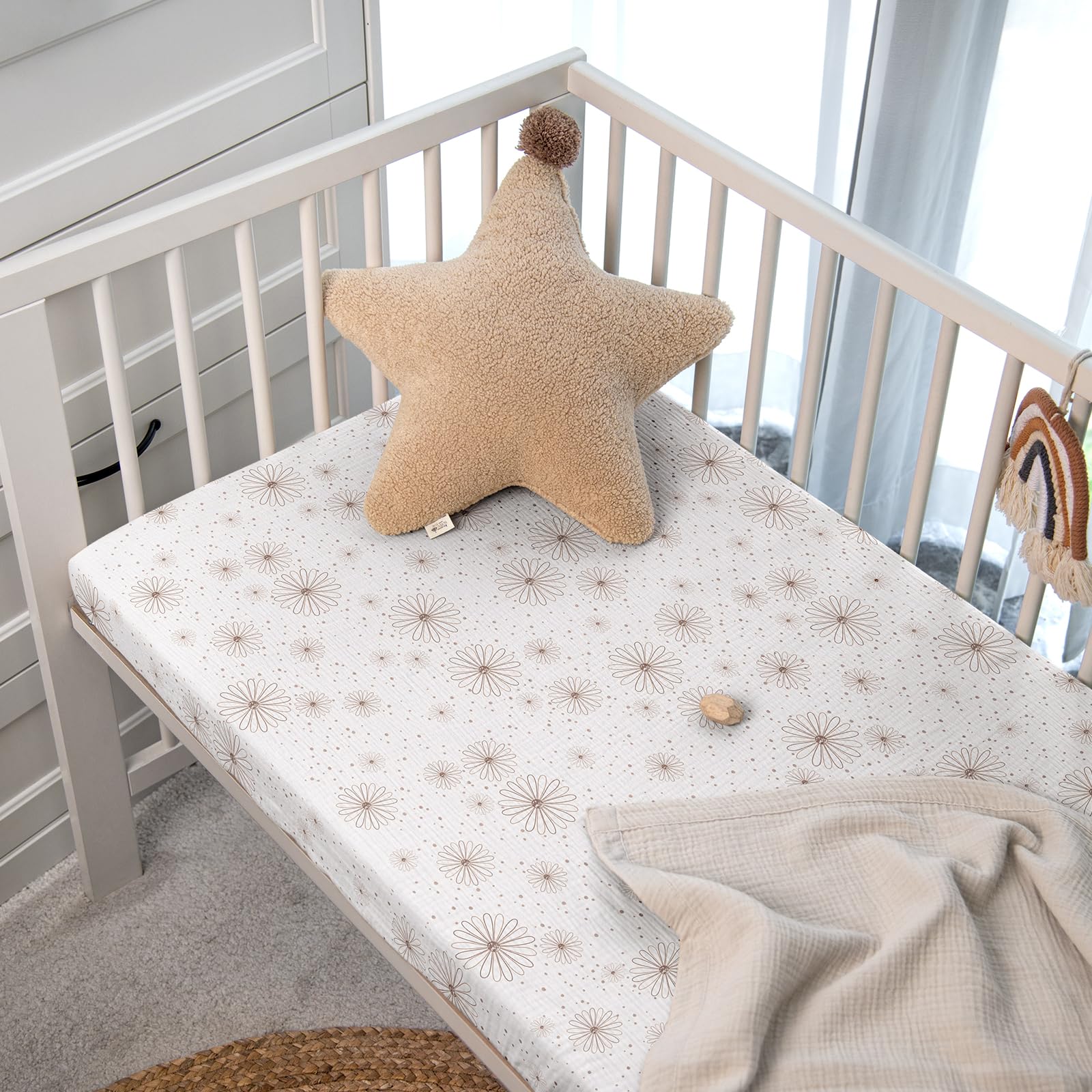 lulumoon Lenzuolo con angoli in mussola per lettino per neonati: lenzuolo 100% cotone 70 x 140 cm / 60 x 120 cm (Bianco Girasole)